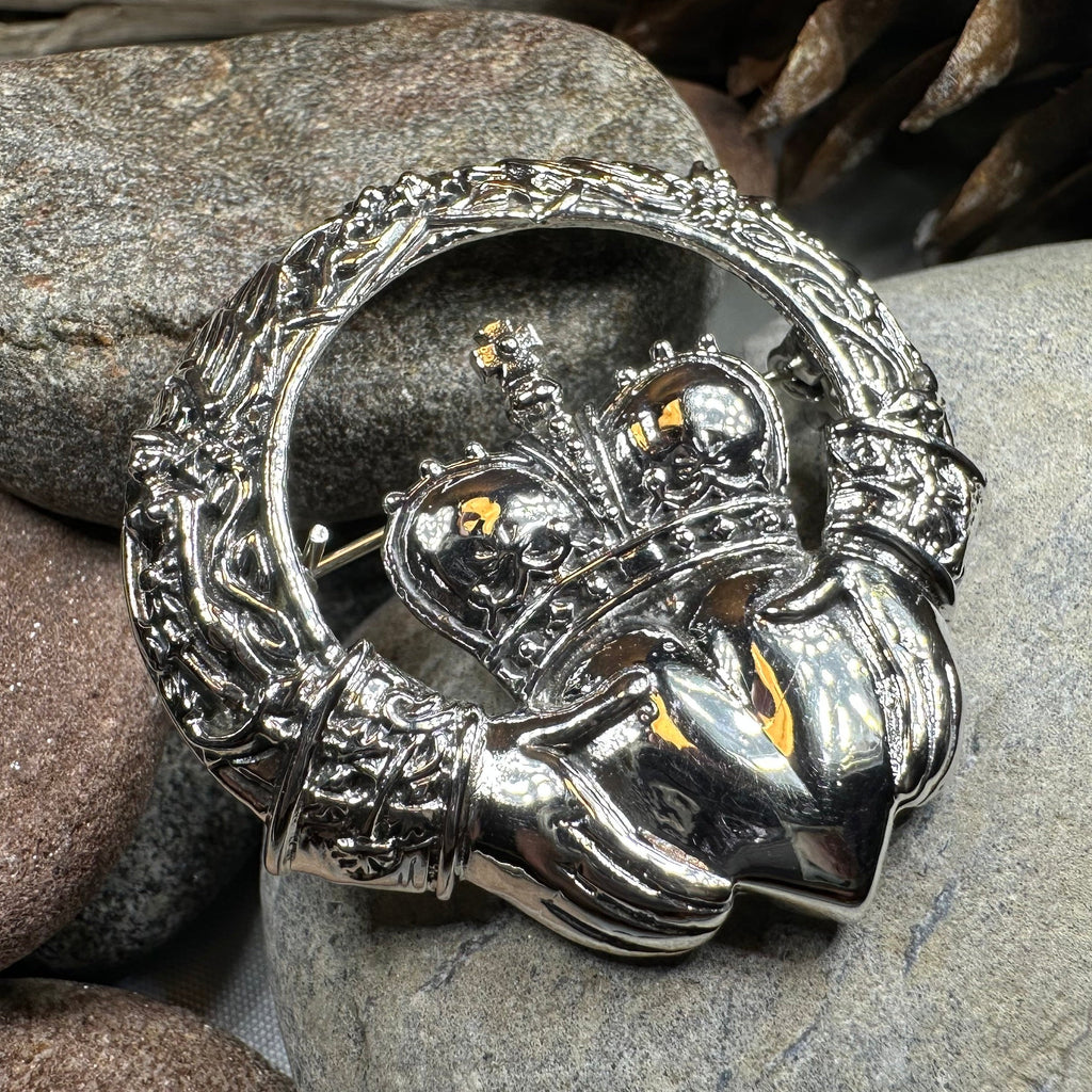 Victorian Irish Claddagh Brooch in Sterling Silver