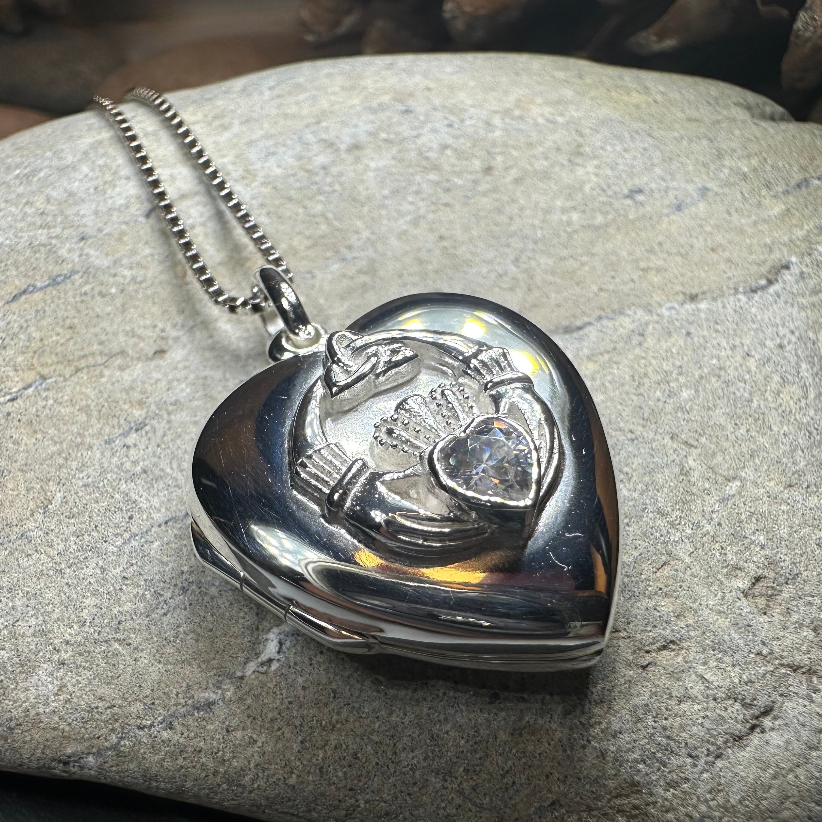 Aoife Irish Claddagh Locket Necklace in Sterling Silver