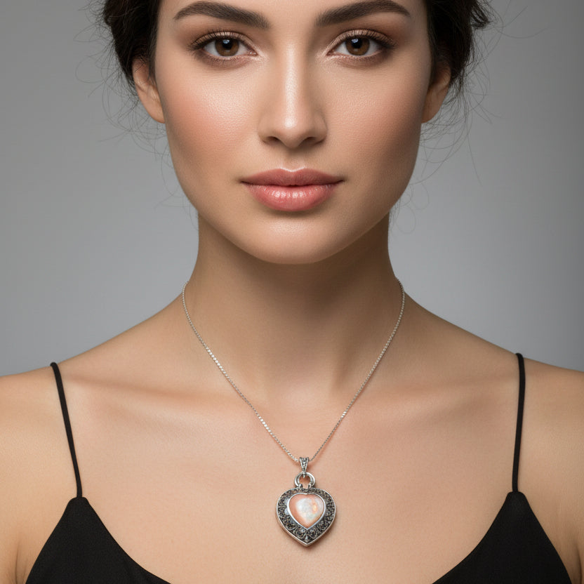 Locket Heart Marcasite Necklace in Sterling Silver