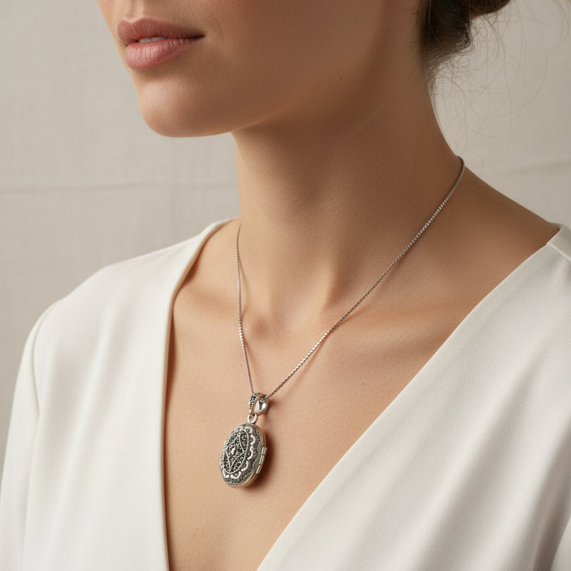 Florent Classic Oval Marcasite Locket Necklace
