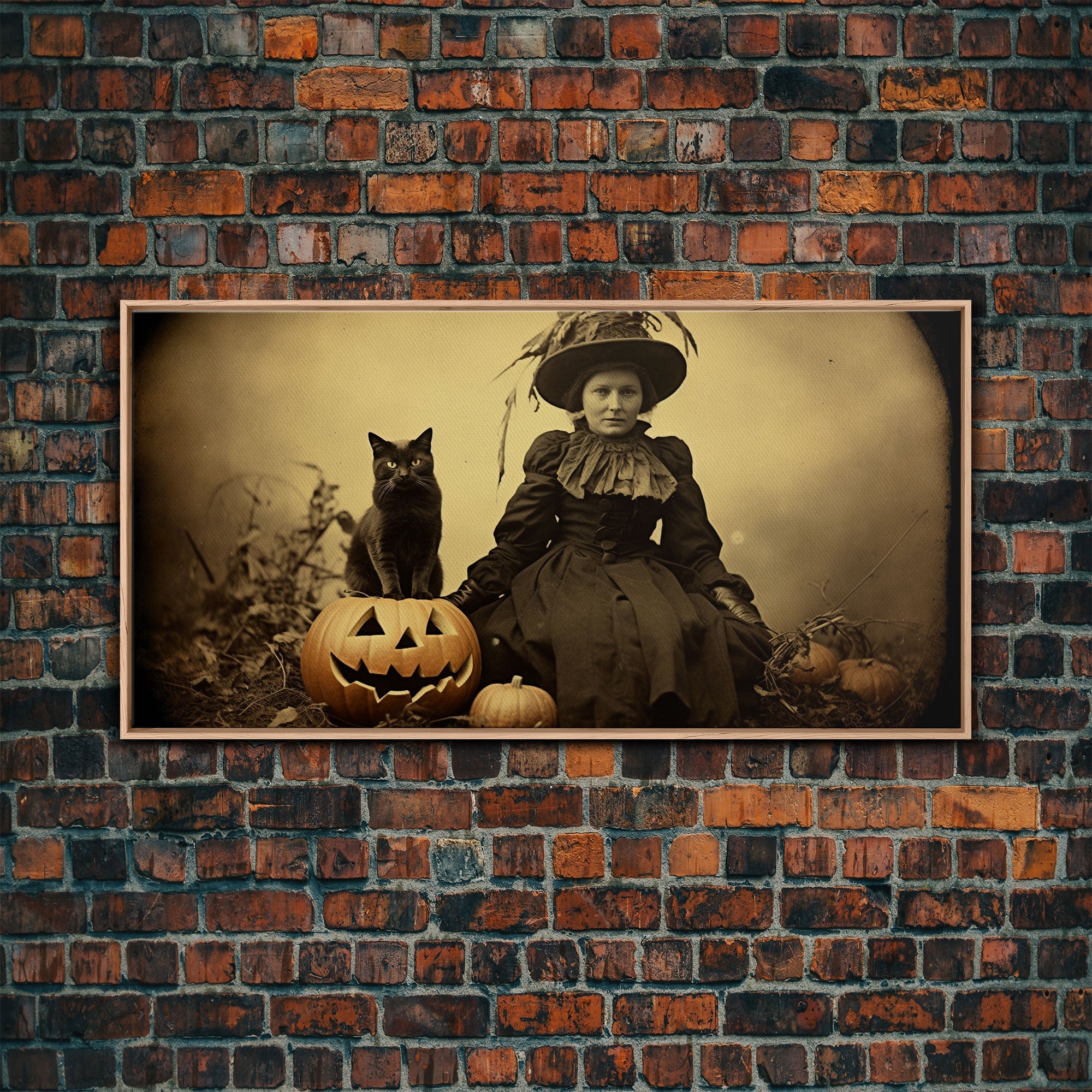 Spooky Halloween Art, Tin Type Photo Of A Witch and Her Black Cat, Witchy Decor, Canvas Print, Witch Girl, Dark Academia, Gothic Victorian