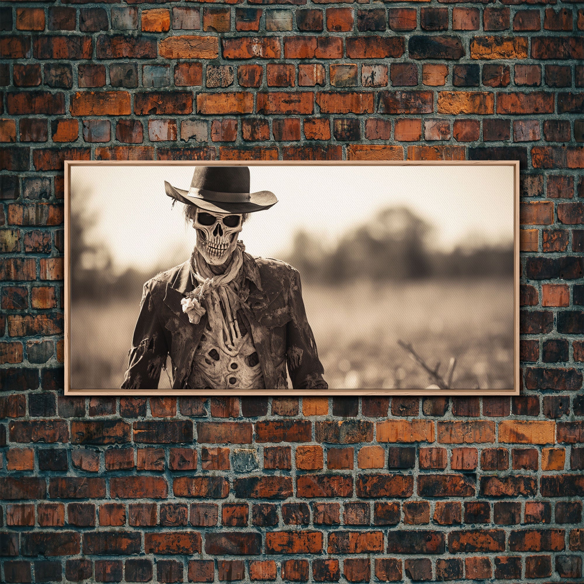 Wild West Zombie Cowboy, Creepy Halloween Decor, Framed Canvas Print, Vintage Tintype Photo Art, Halloween Art Print