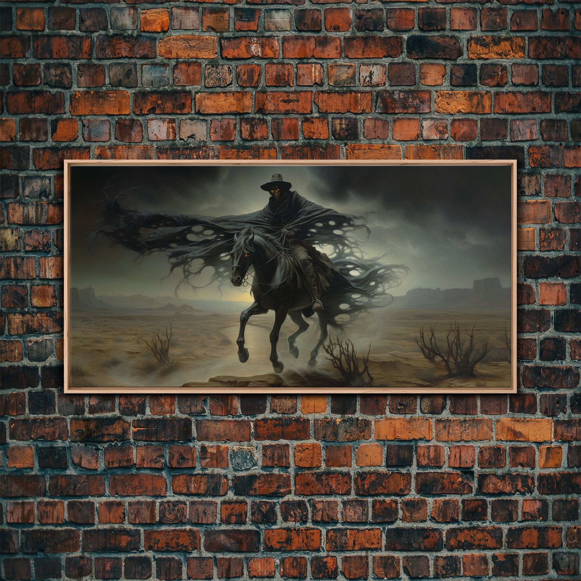 Ghost Cowboy Art, Framed Canvas Print, Halloween art, spooky decor, cowboy art, western decor, grim reaper on a horse in the desert