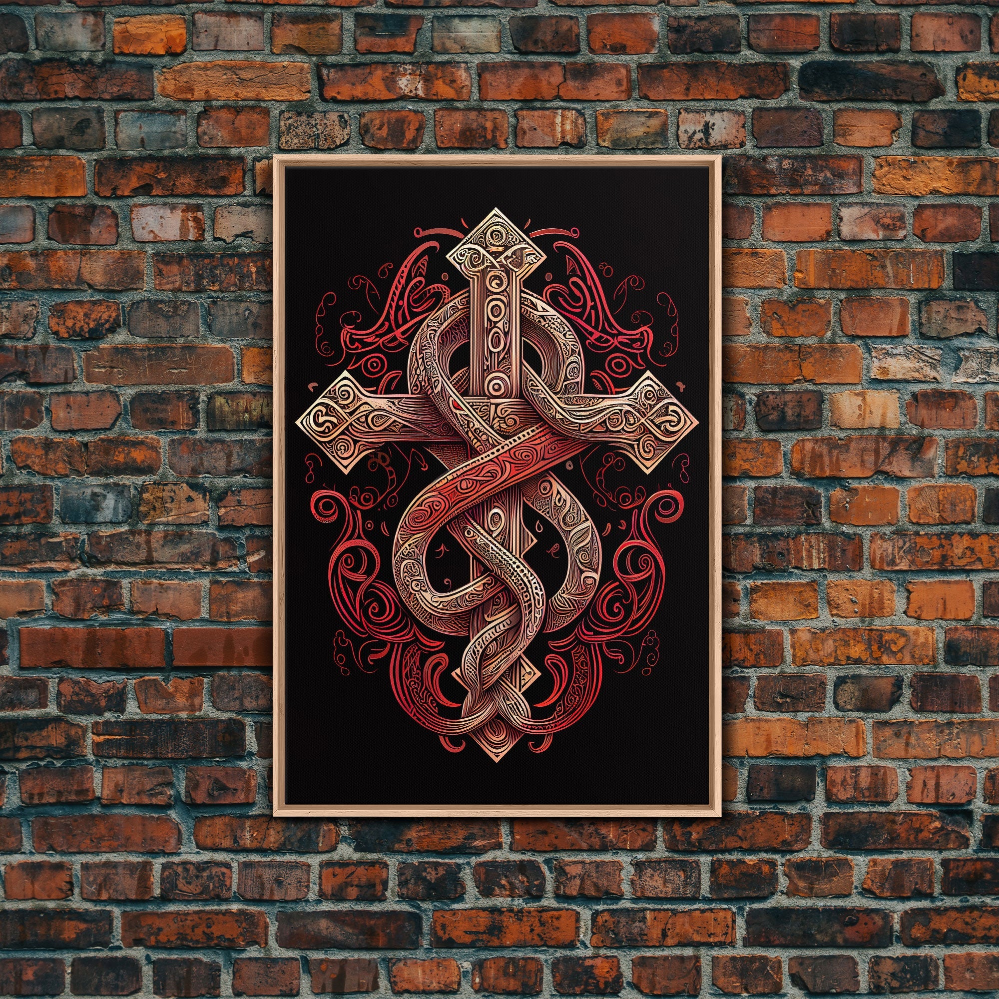 Cool Cross Art | Wall Art | Gothic Cross | Framed Canvas Print | Framed Art | Red and White Cross & Snake