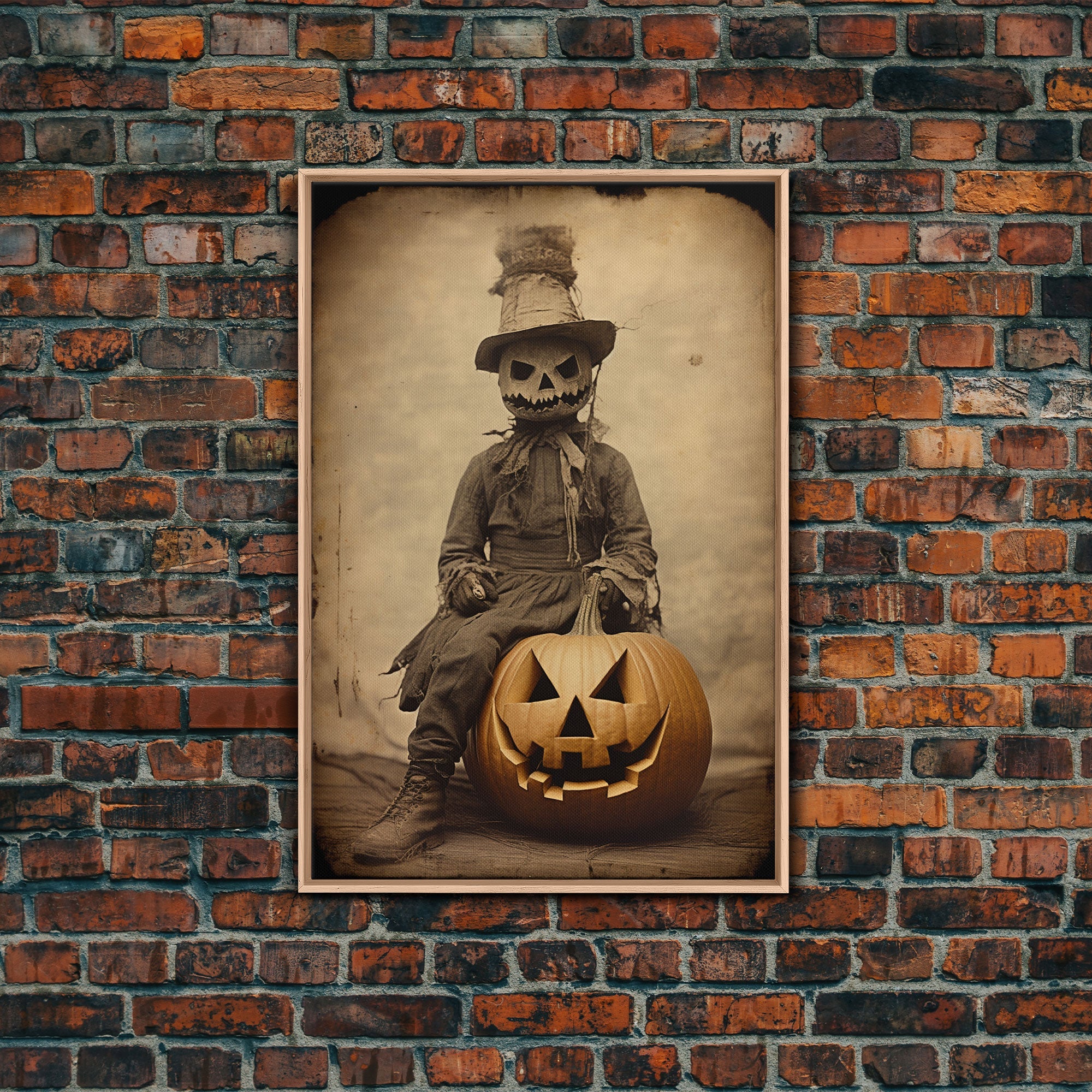 Spooky Halloween Art, The Scarecrow and the Jack O' Lantern, Framed Canvas Print, Halloween Canvas, Spooky Decor, Cottagecore Spooky Art