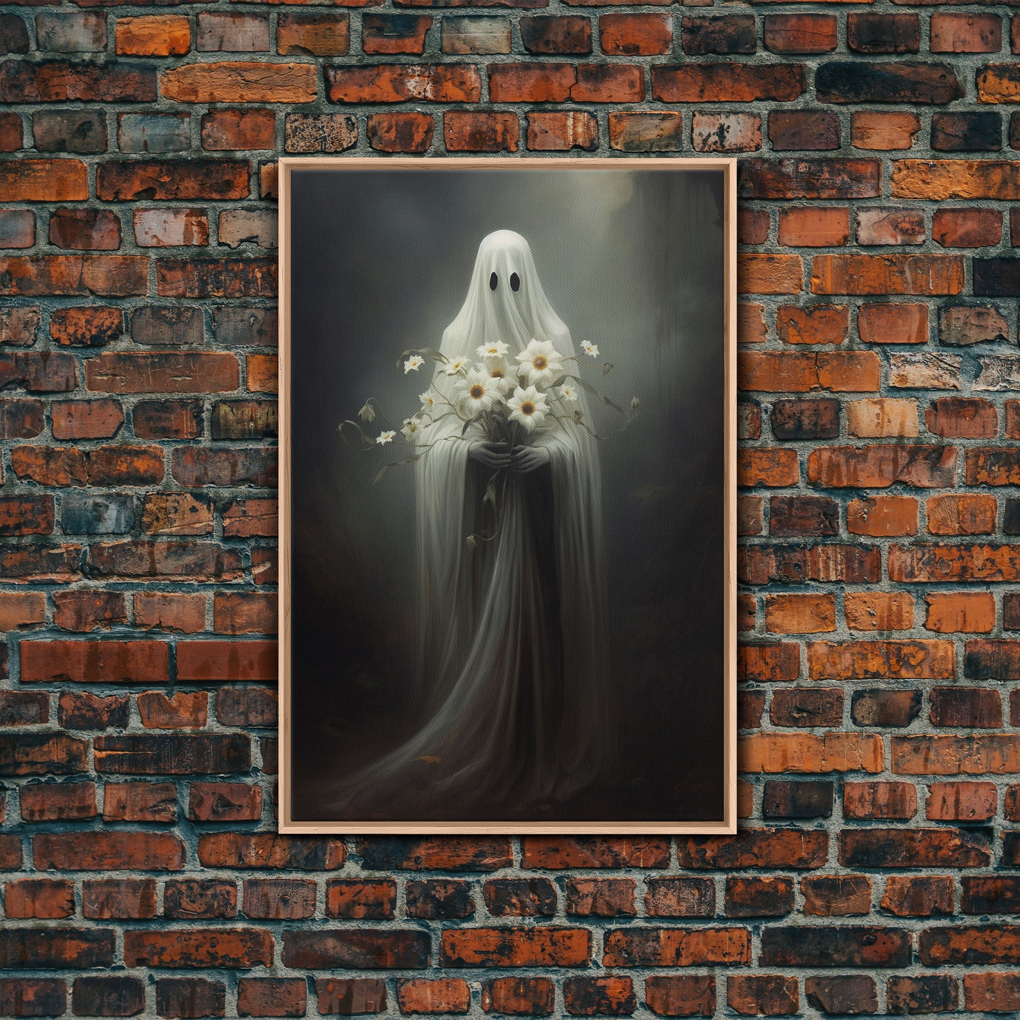 The Ghost With The Flowers, Gothic Halloween Decor, Framed Canvas Print, Scary Horror Art, Goth Decor, Moody Oil Painting, Dark Academia