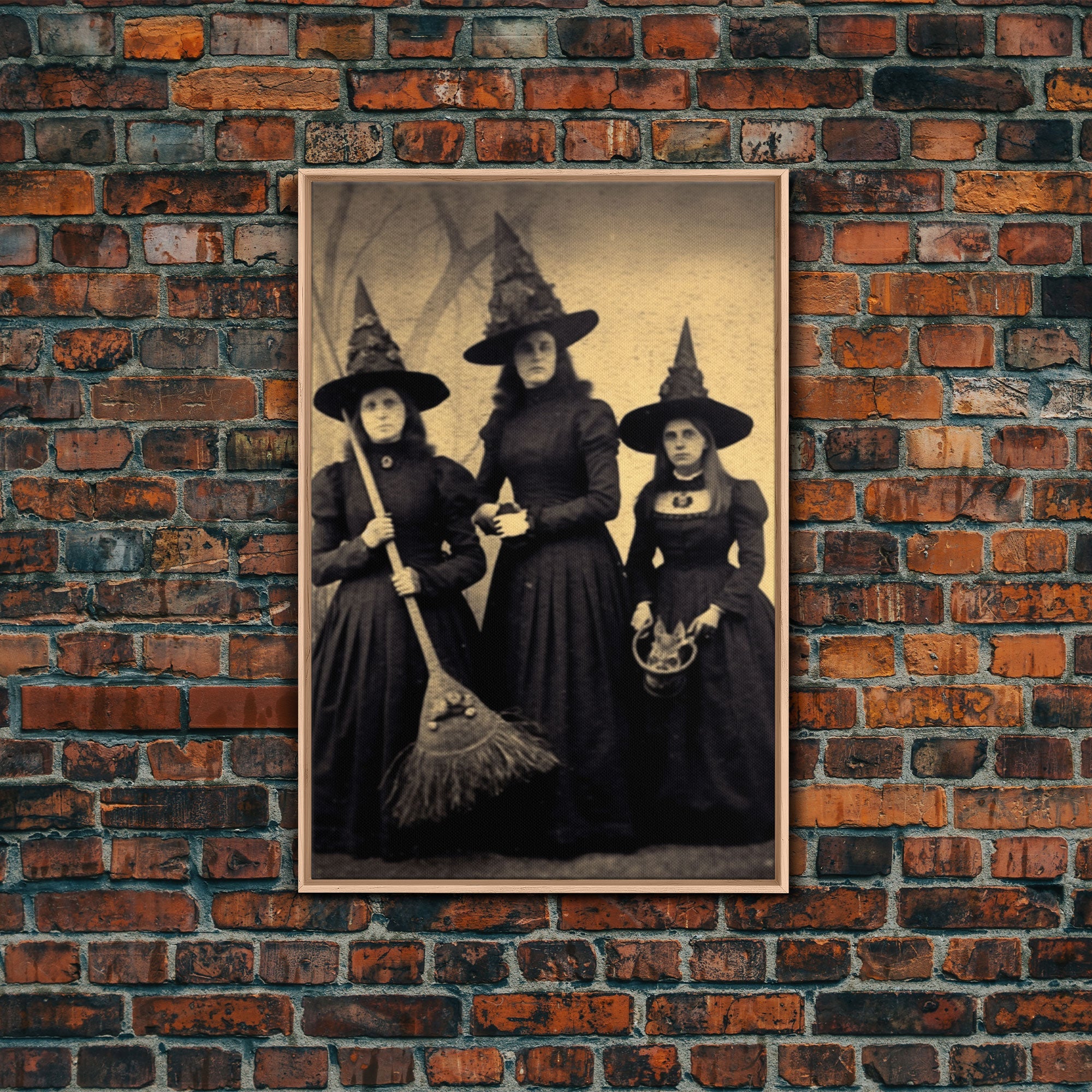 Victorian Witches, Vintage Tintype Style Photograph, Framed Canvas Print, Gothic Wall Art, Dark Academia, Witch Art
