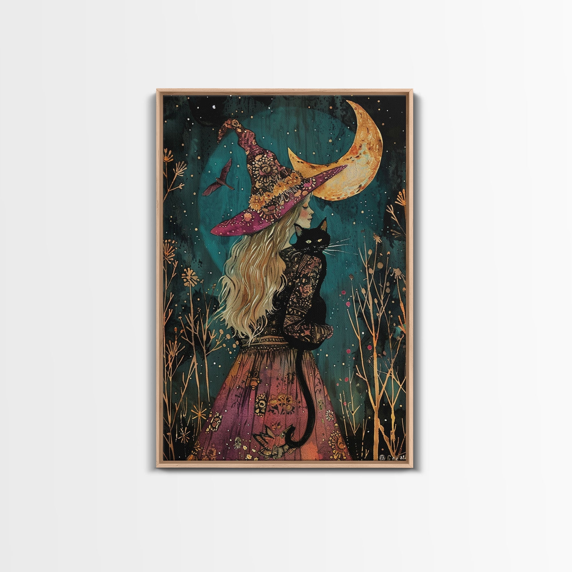 The Witch And The Black Cat Framed Canvas Print, Cottage Core Witchy Art, Halloween Trinket, Halloween Wall Art, Spooky Wall Art, Home Decor