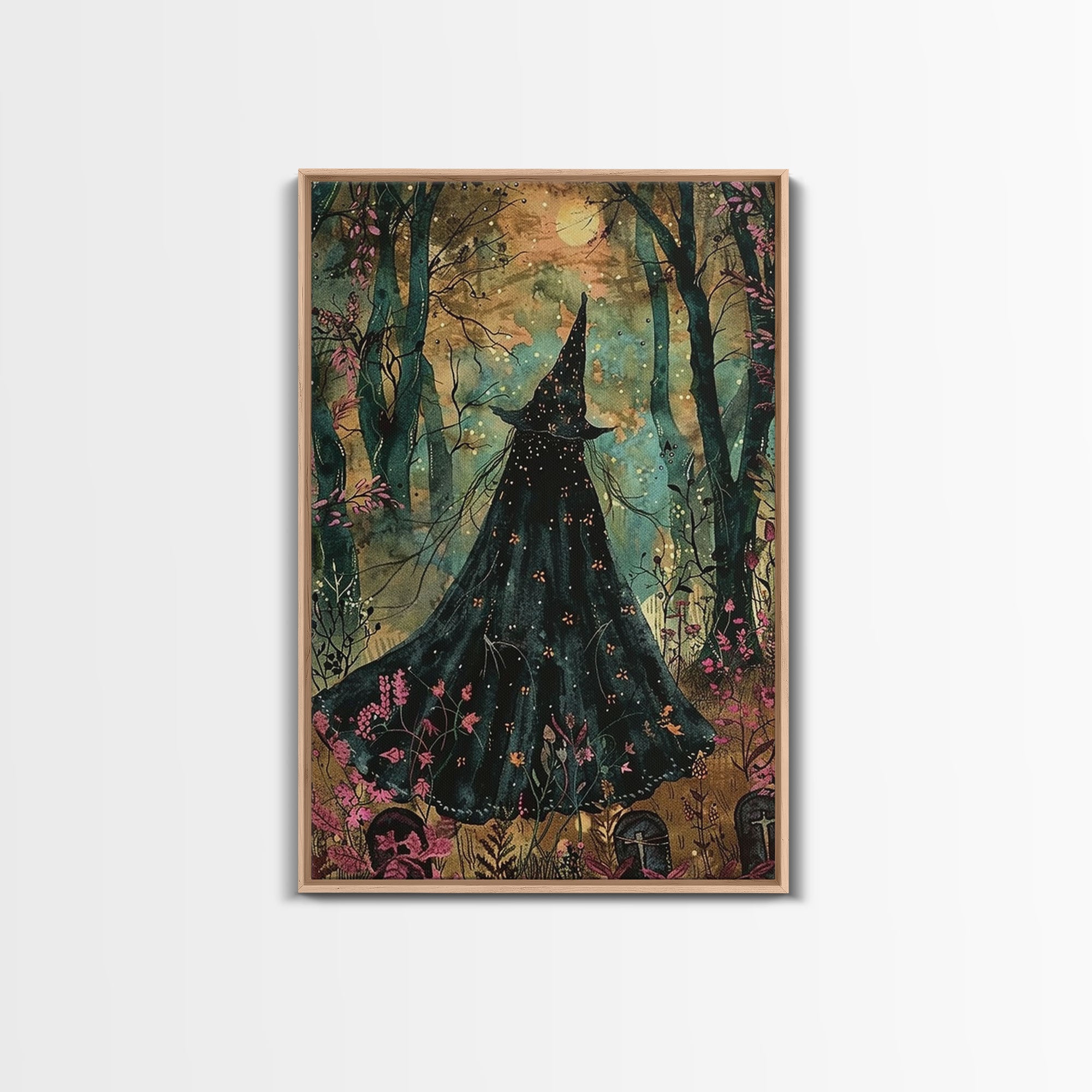 Halloween Witch in Dark Forest, Framed Canvas Print, Wall Art, Living Room Decor, Spooky, Witch Art, Original Painting, Home Decor