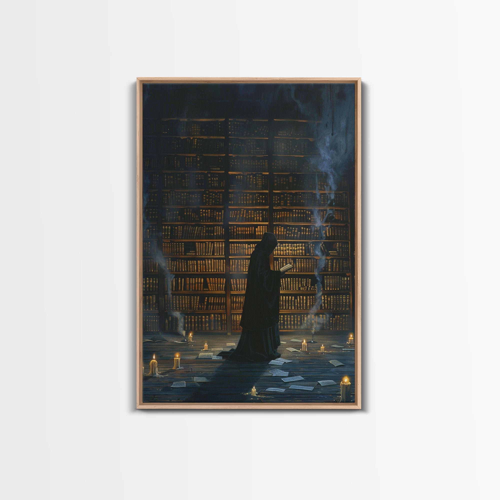 Hooded Figure in Library Halloween Art, Spooky Study, Haunted Library, Creepy Room, Gothic Reading, Framed Canvas Print
