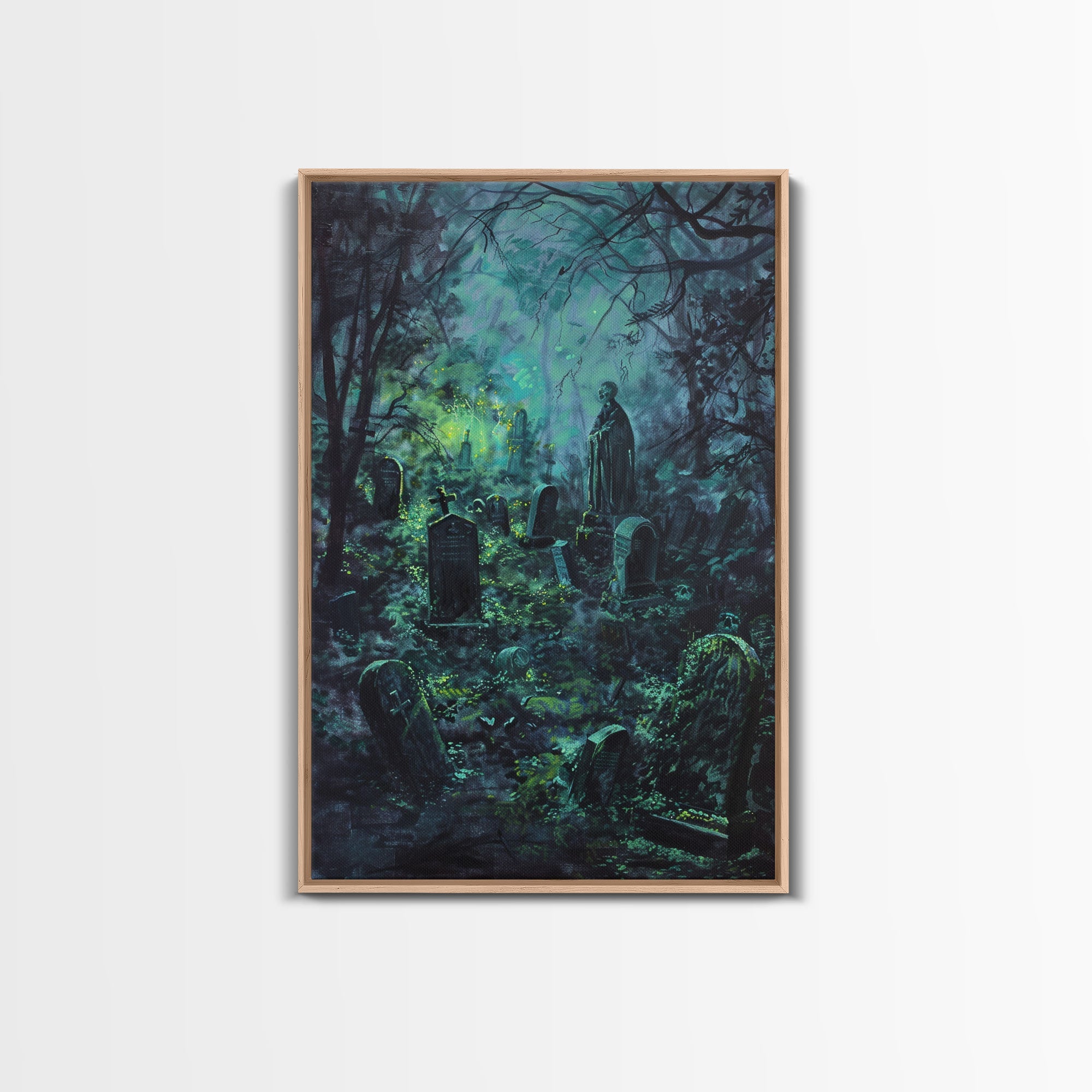 Spooky Cemetery with Glowing Lights Framed Canvas Print, Wall Art, Halloween Graveyard Art, Eerie Home Decor, Haunted Forest Painting