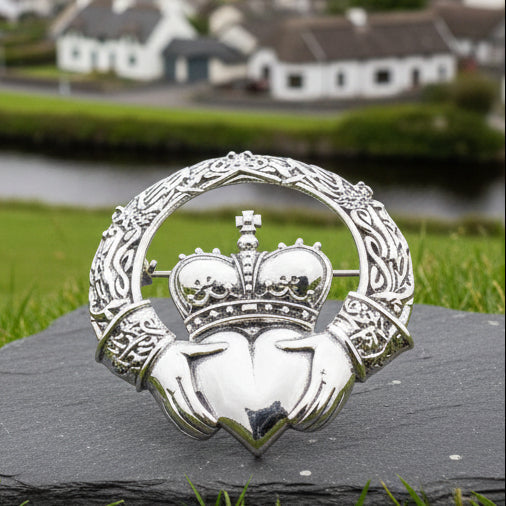 Victorian Irish Claddagh Brooch in Sterling Silver