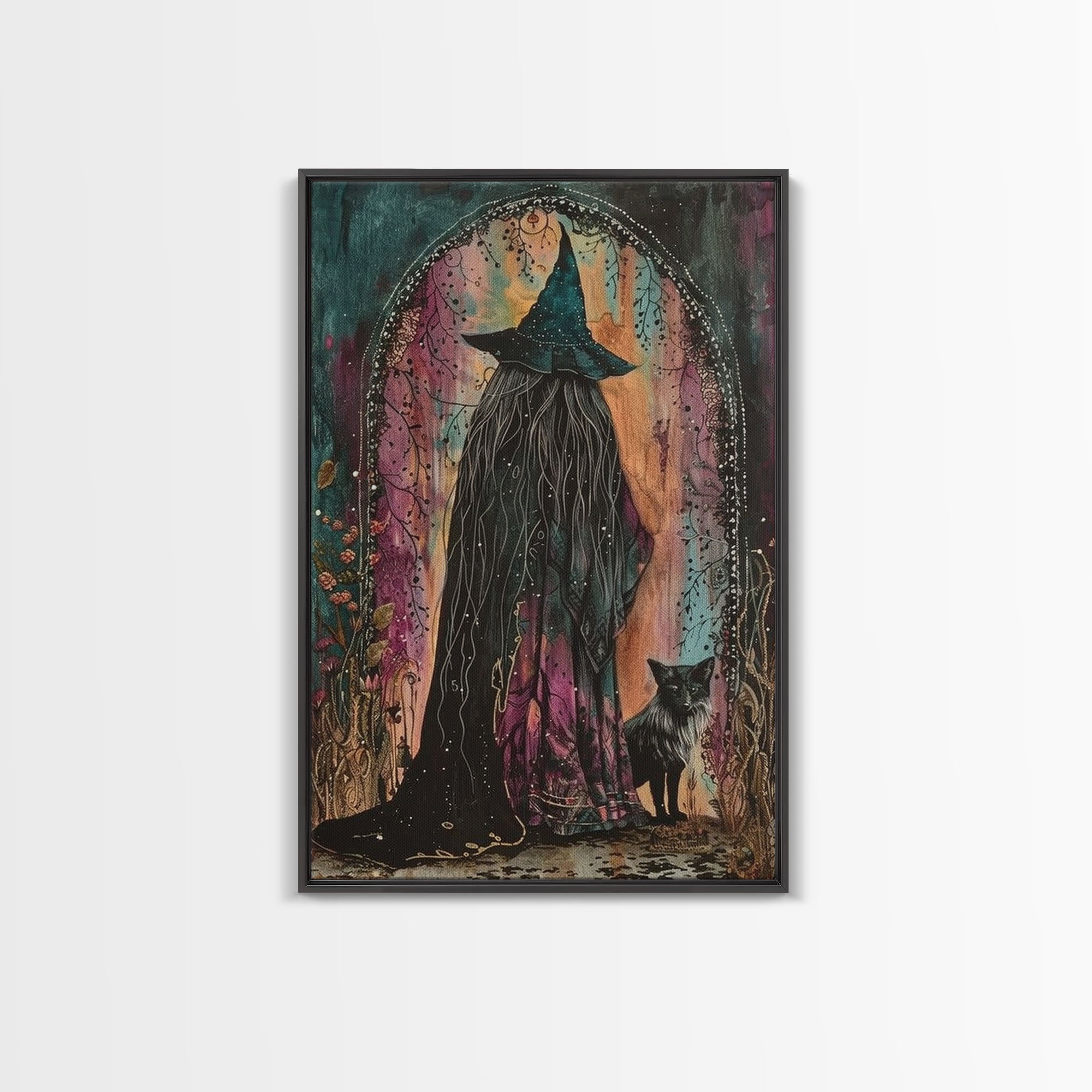 Cottage Core Witch Framed Canvas Print, Springtime Witch, Halloween Art, Halloween Decor, Colorful Halloween Witch Decor Wall Art