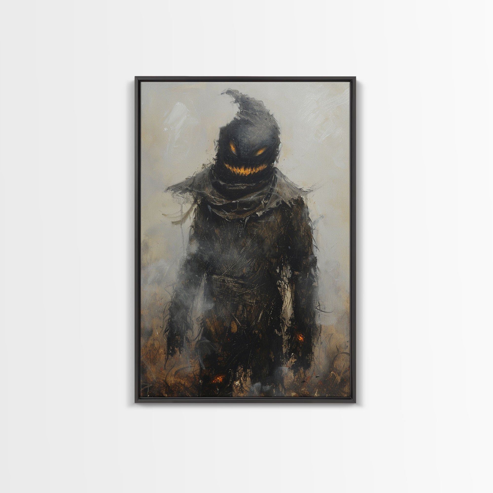 Scarecrow with Glowing Eyes in Dark Field, Framed Canvas Print, Halloween Scarecrow Art, Spooky Farm Decor, Creepy Harvest Illustration