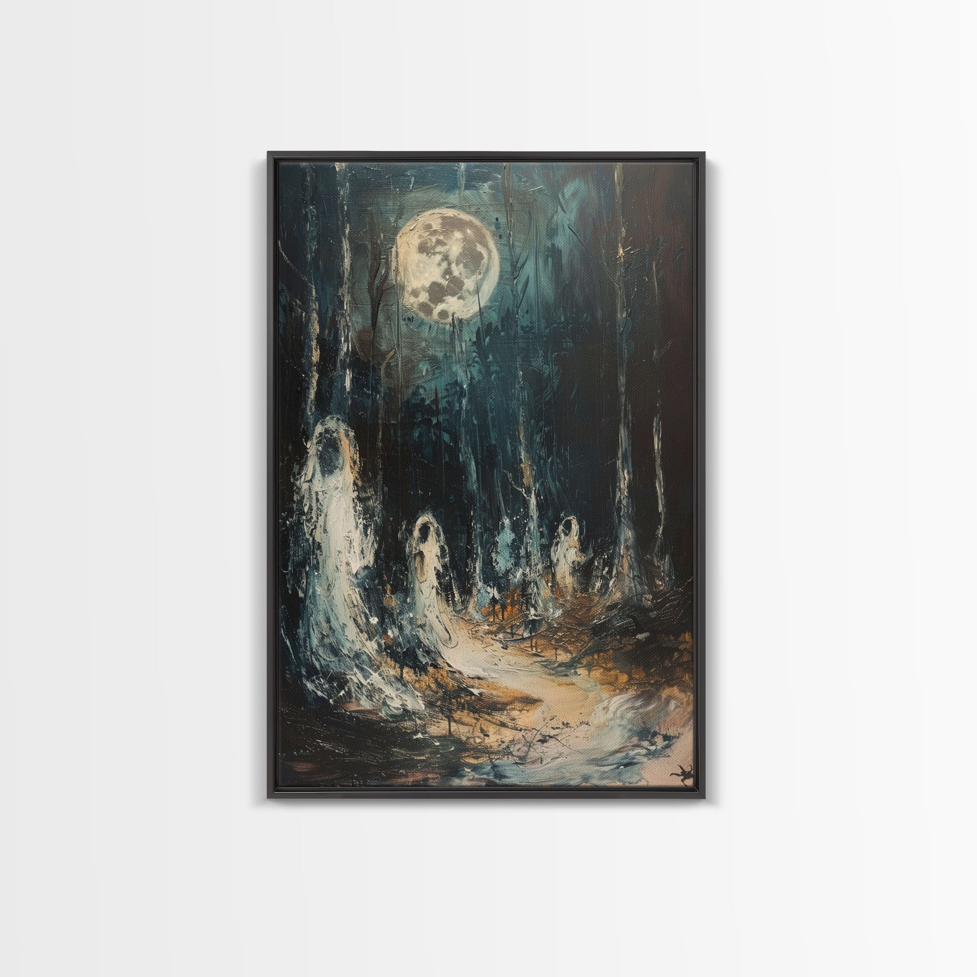 Ghostly Figures in Forest, Halloween Art Print, Spooky Home Decor, Framed Canvas Print, Creepy Art, Halloween Wall Decor, Seasonal Wall Art
