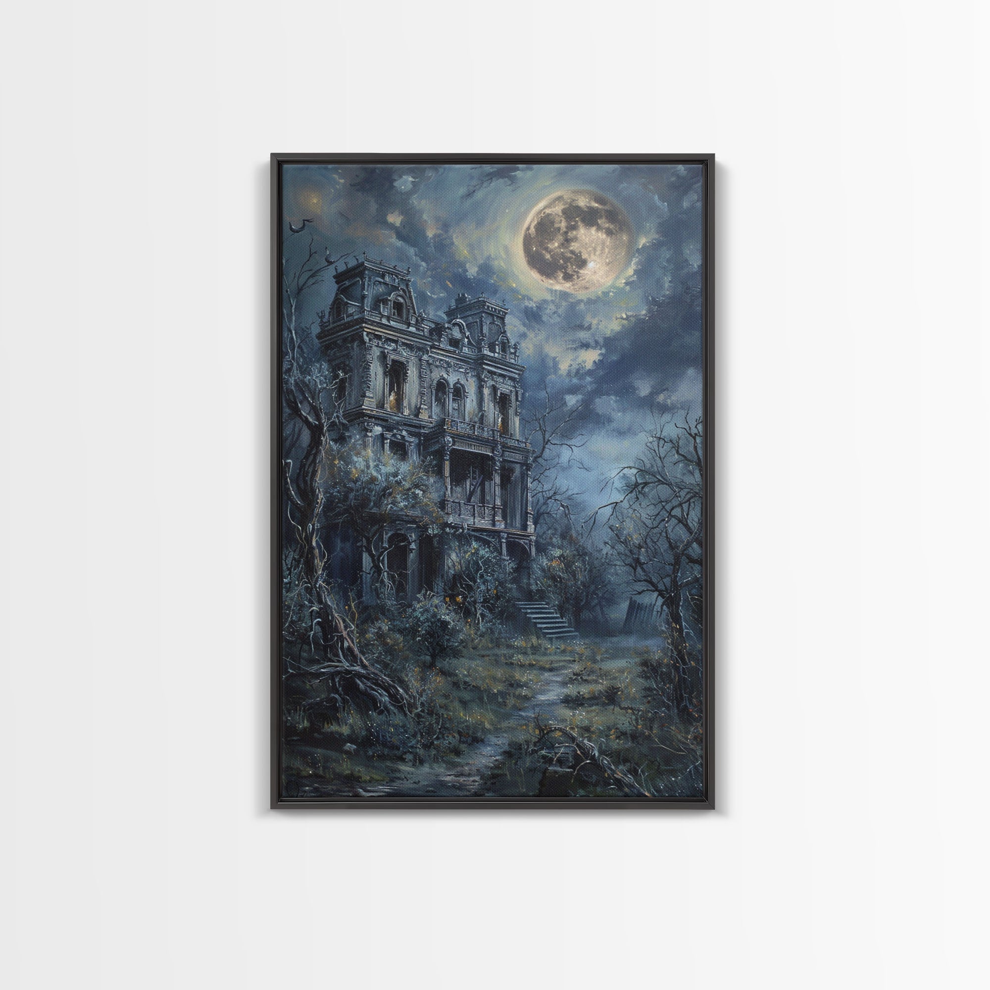 Haunted Victorian Mansion Halloween Art, Spooky House, Haunted Home, Creepy Building, Gothic Decor, Framed Canvas Print