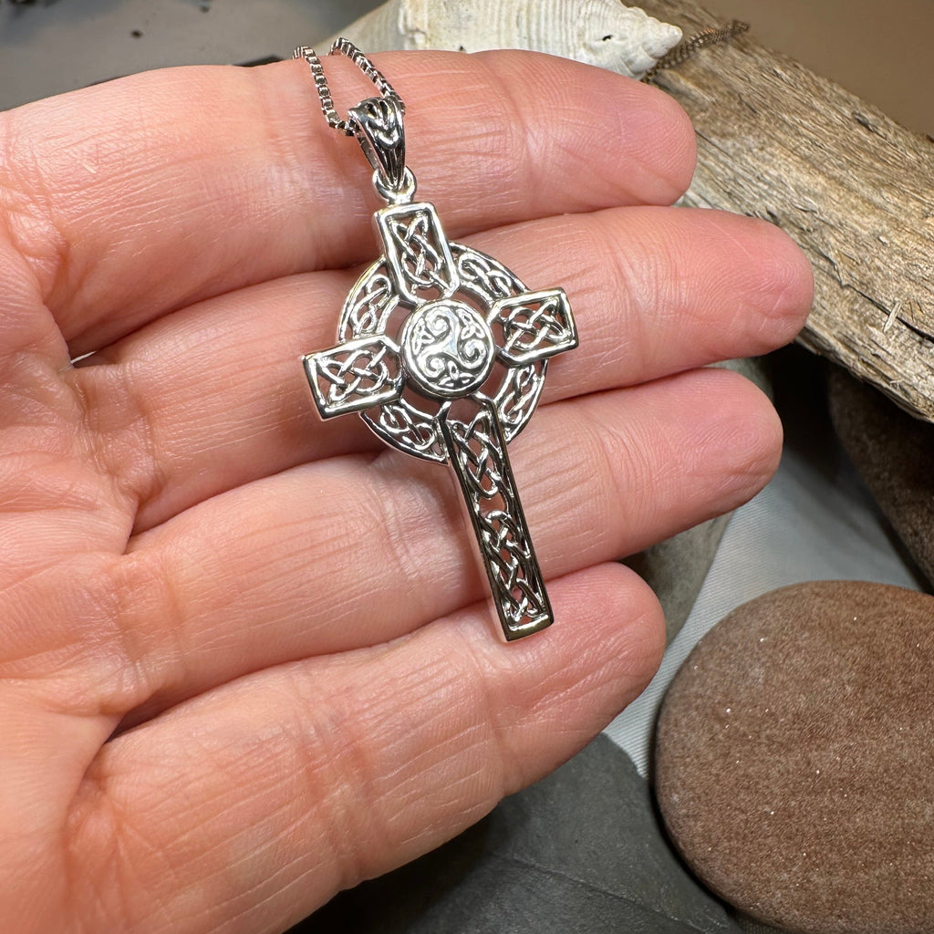 Aileran Triskele Celtic Cross Necklace in Sterling Silver