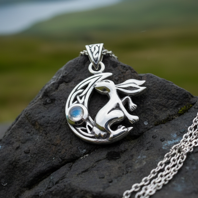 Celtic Rabbit Moon Necklace with Moonstone