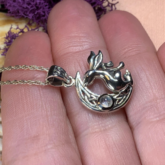 Celtic Rabbit Moon Necklace with Moonstone