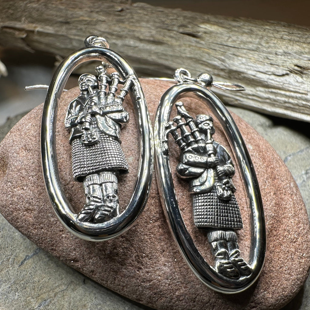 Tartan Bagpiper Earrings in Sterling Silver