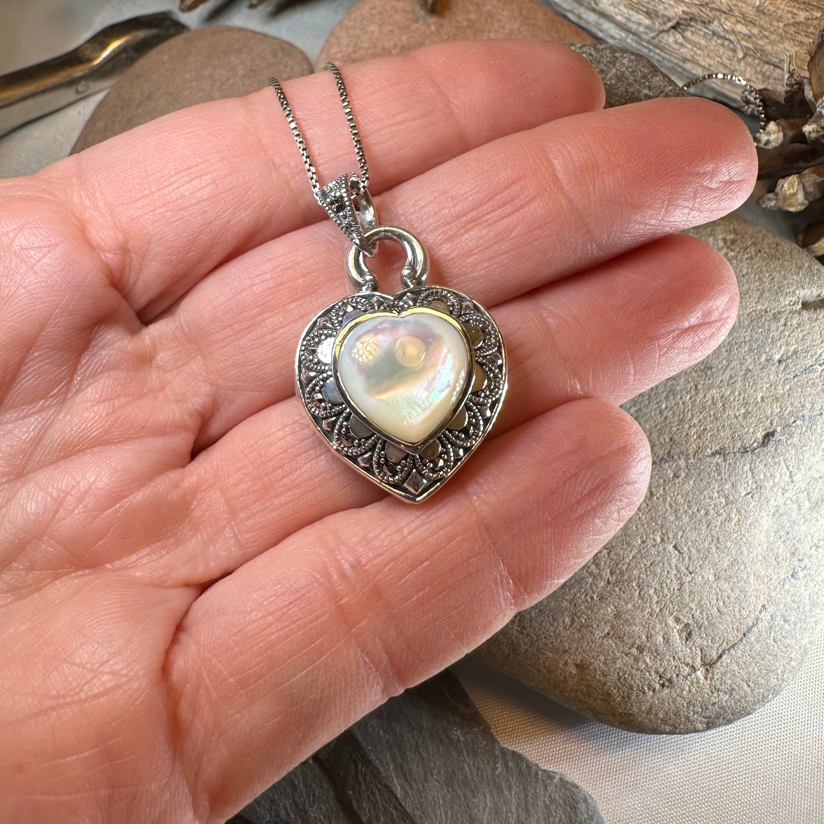 Locket Heart Marcasite Necklace in Sterling Silver