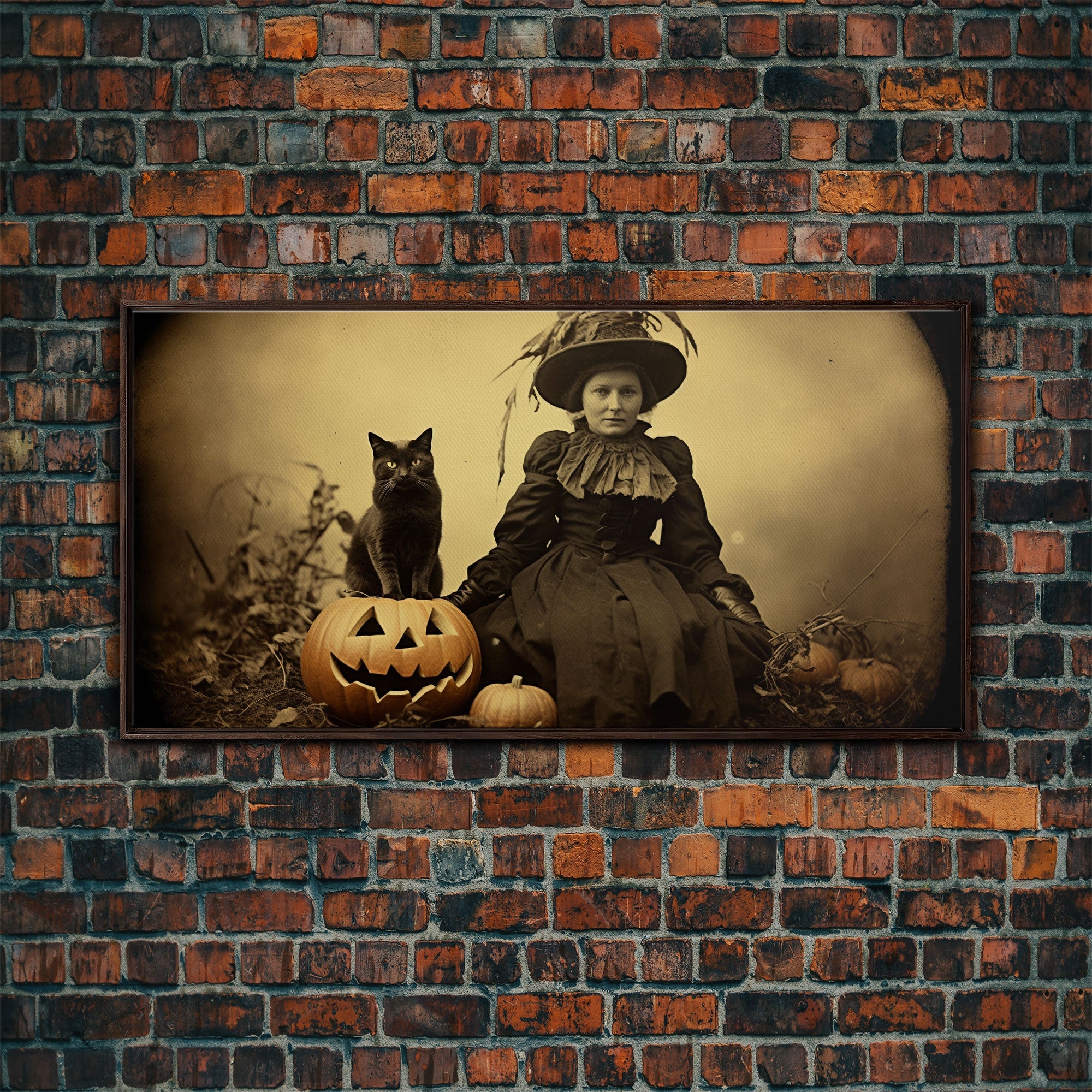 Spooky Halloween Art, Tin Type Photo Of A Witch and Her Black Cat, Witchy Decor, Canvas Print, Witch Girl, Dark Academia, Gothic Victorian