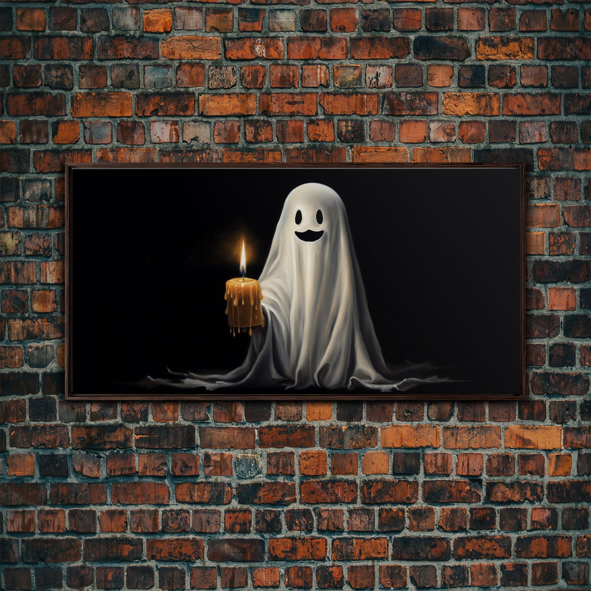 Silly Ghost Holding A Candle, Framed Canvas Print, Dark Academia Wall Art, Victorian Oil Painting Style Halloween Wall Art, Ghost Print