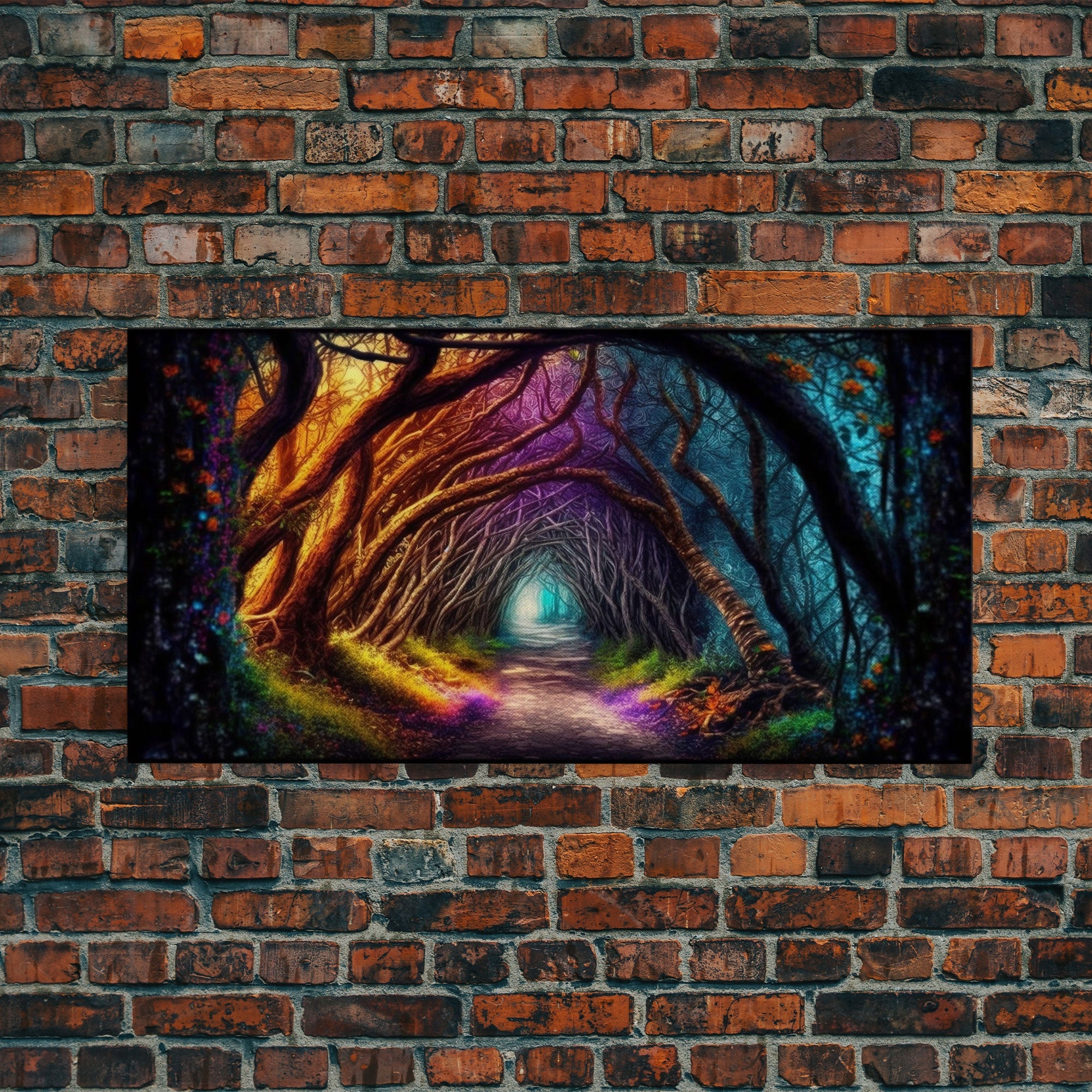 Secret Path, Fantasy Art, Pop Art Forest Landscape, Framed Canvas Print, Colorful Forest Painting, Living Room Art, Glowing Magical Forest