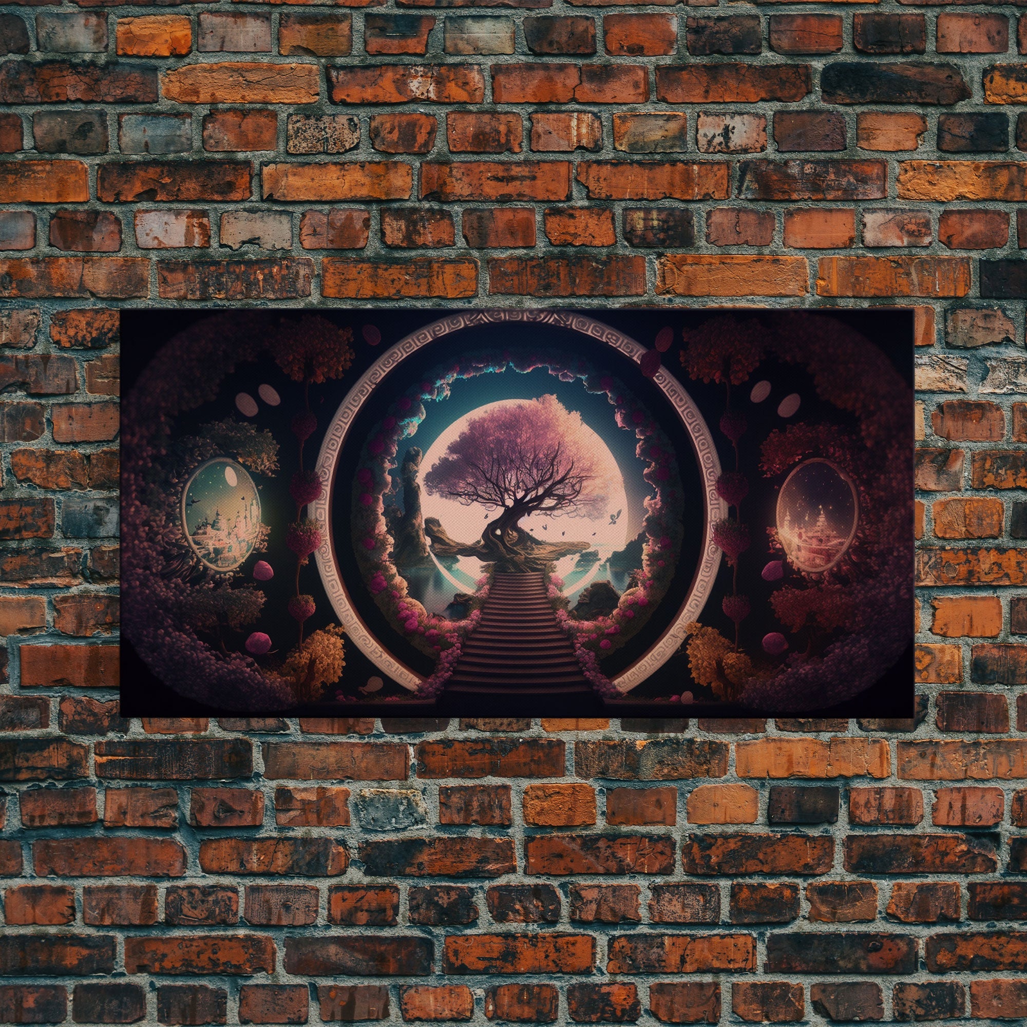 Stairway to a magical forest, fantasy concept art, framed canvas print, colorful wall decor, portal to another world