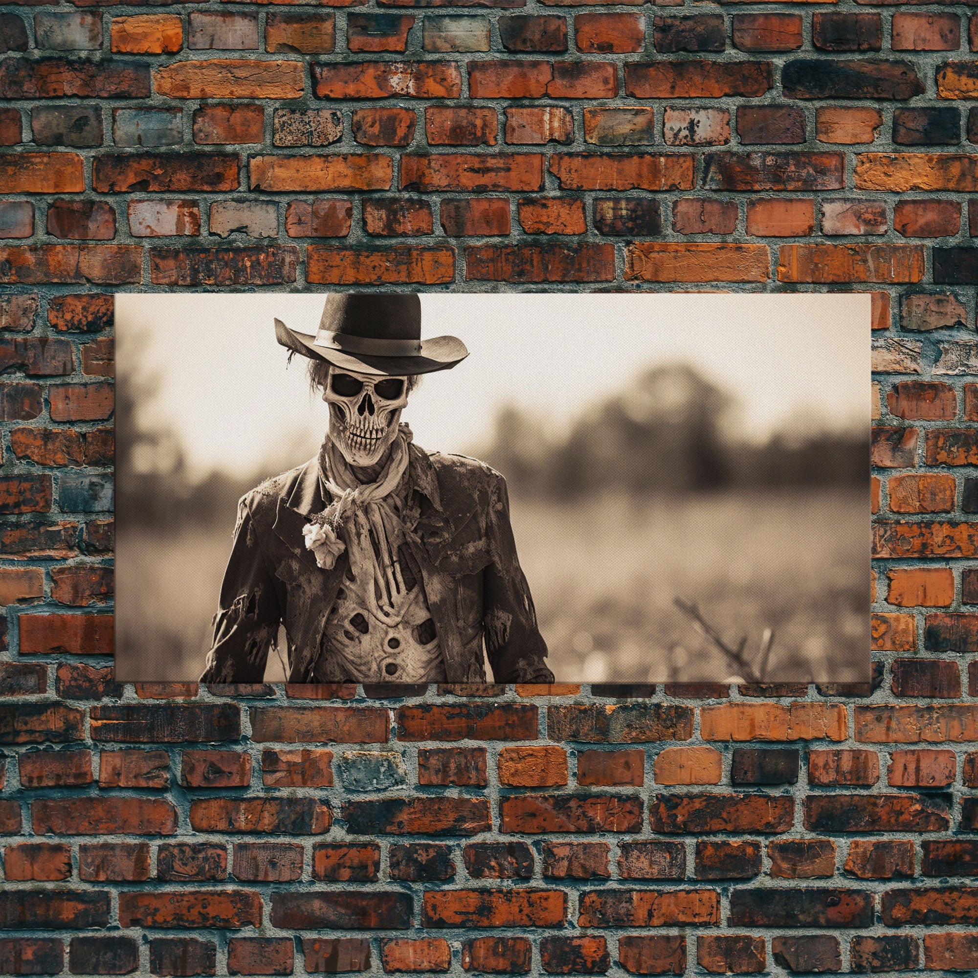 Wild West Zombie Cowboy, Creepy Halloween Decor, Framed Canvas Print, Vintage Tintype Photo Art, Halloween Art Print