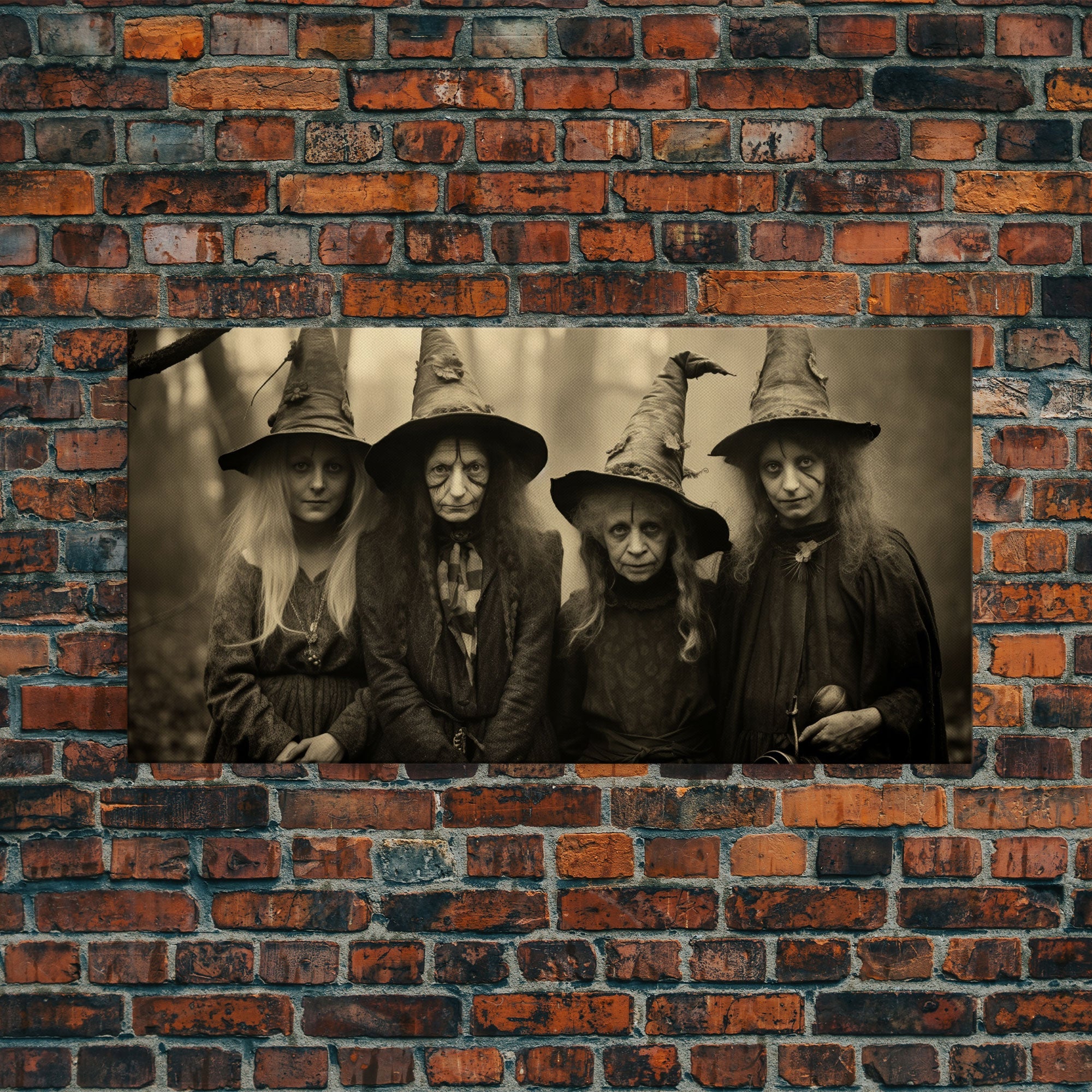 The Coven, Witch Art, Witch Decor, Creepy Halloween Decor, Framed Canvas Print, Vintage Tintype Photo Art, Halloween Art Print