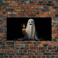 Silly Ghost Holding A Candle, Framed Canvas Print, Dark Academia Wall Art, Victorian Oil Painting Style Halloween Wall Art, Ghost Print