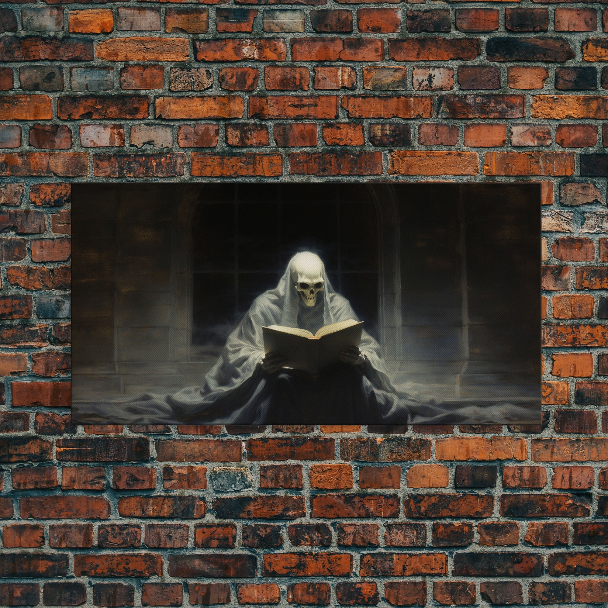 Grim Reaper Reading A Book In A Haunted Library, Framed Canvas Print, Victorian Oil Painting Style, Spooky Halloween Decor, Goth Art