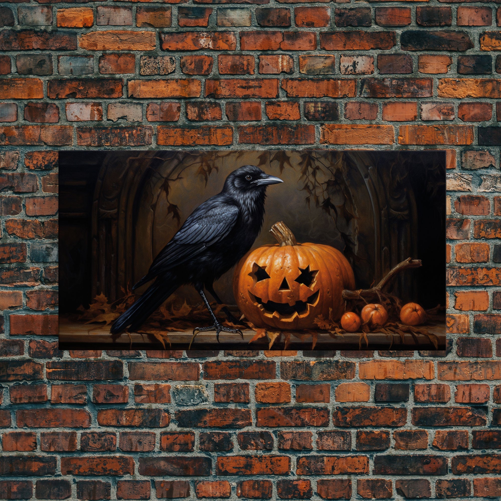 Spooky Crow Print, The Raven and The Jack O Lantern, Halloween Wall Art, Victorian Oil Painting, Dark Academia, Goth Art