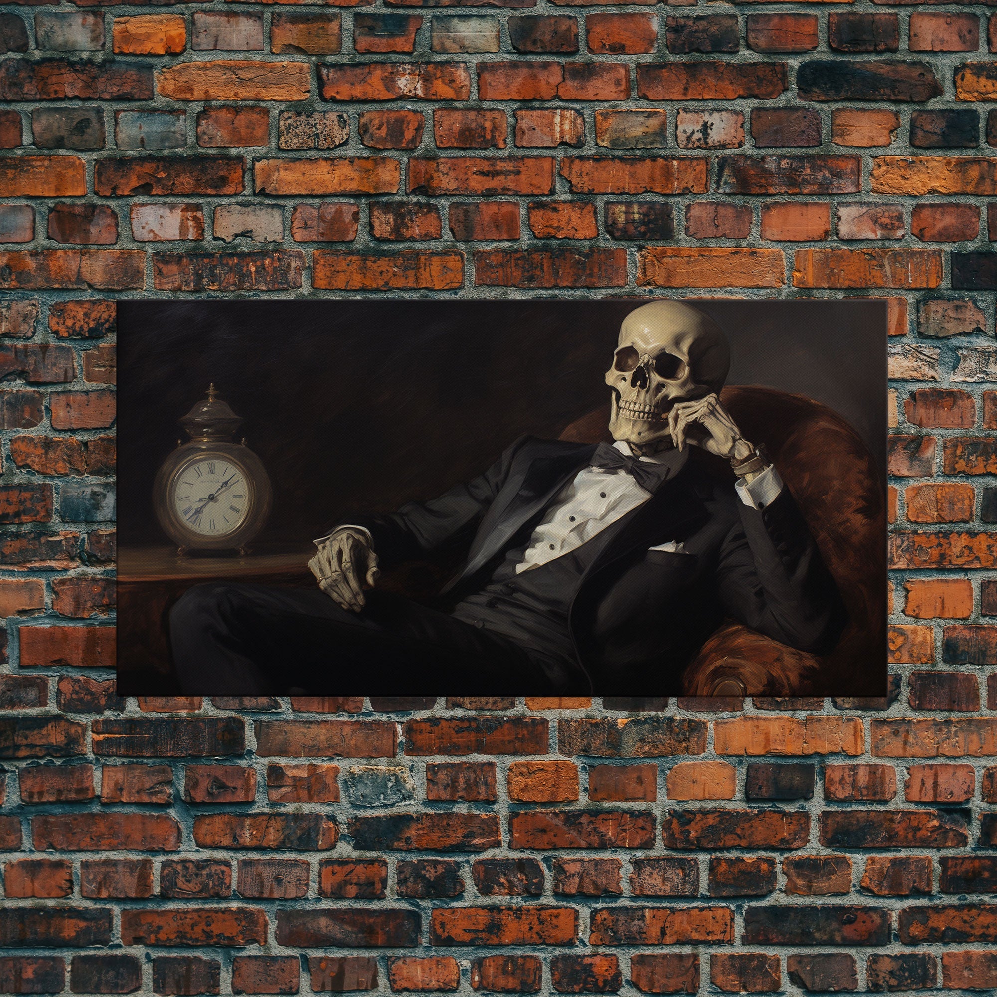 Renaissance Skeleton Painting, Vintage Poster, Art Poster Print, Dark Academia, Haunting Ghost, Halloween Decor, Skeleton Deep In Thought