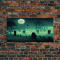 Halloween Cemetery At Night, Full Moon, Spooky Creepy Graveyard, ready to hang canvas print wall art