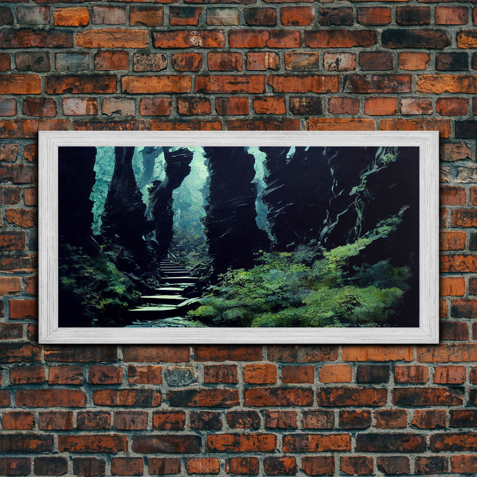 Fantasy Forest with Temple Steps, Wall Decor, Ready To Hang Framed Canvas Print, Oversize Wall Art