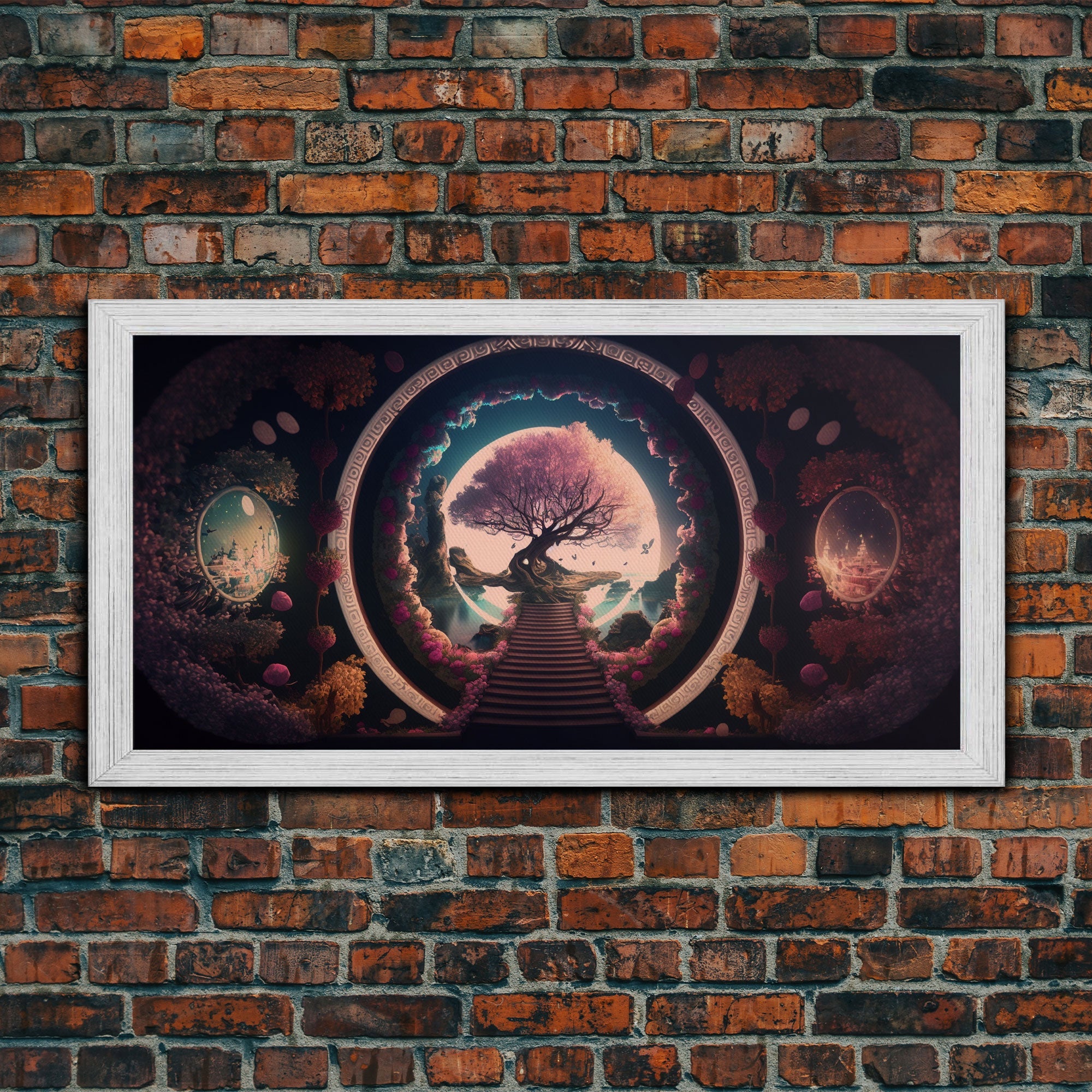 Stairway to a magical forest, fantasy concept art, framed canvas print, colorful wall decor, portal to another world