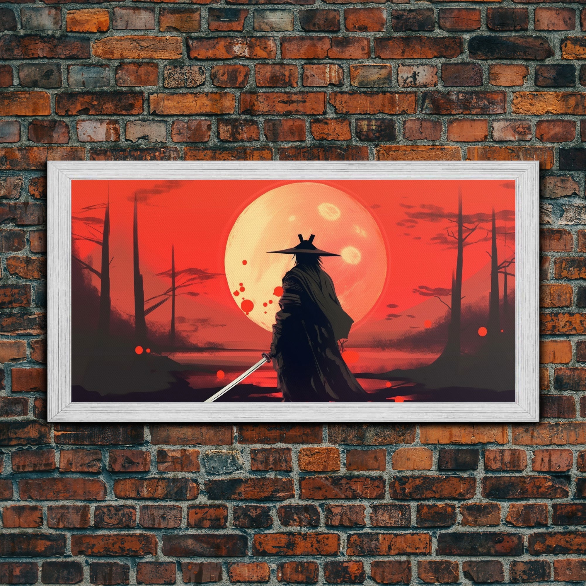 Mysterious Samurai and Blood Moon Print on Canvas, Framed Canvas Print, Modern Wall Art, Canvas Wall Set , Extra Large Wall Art, Warrior Art