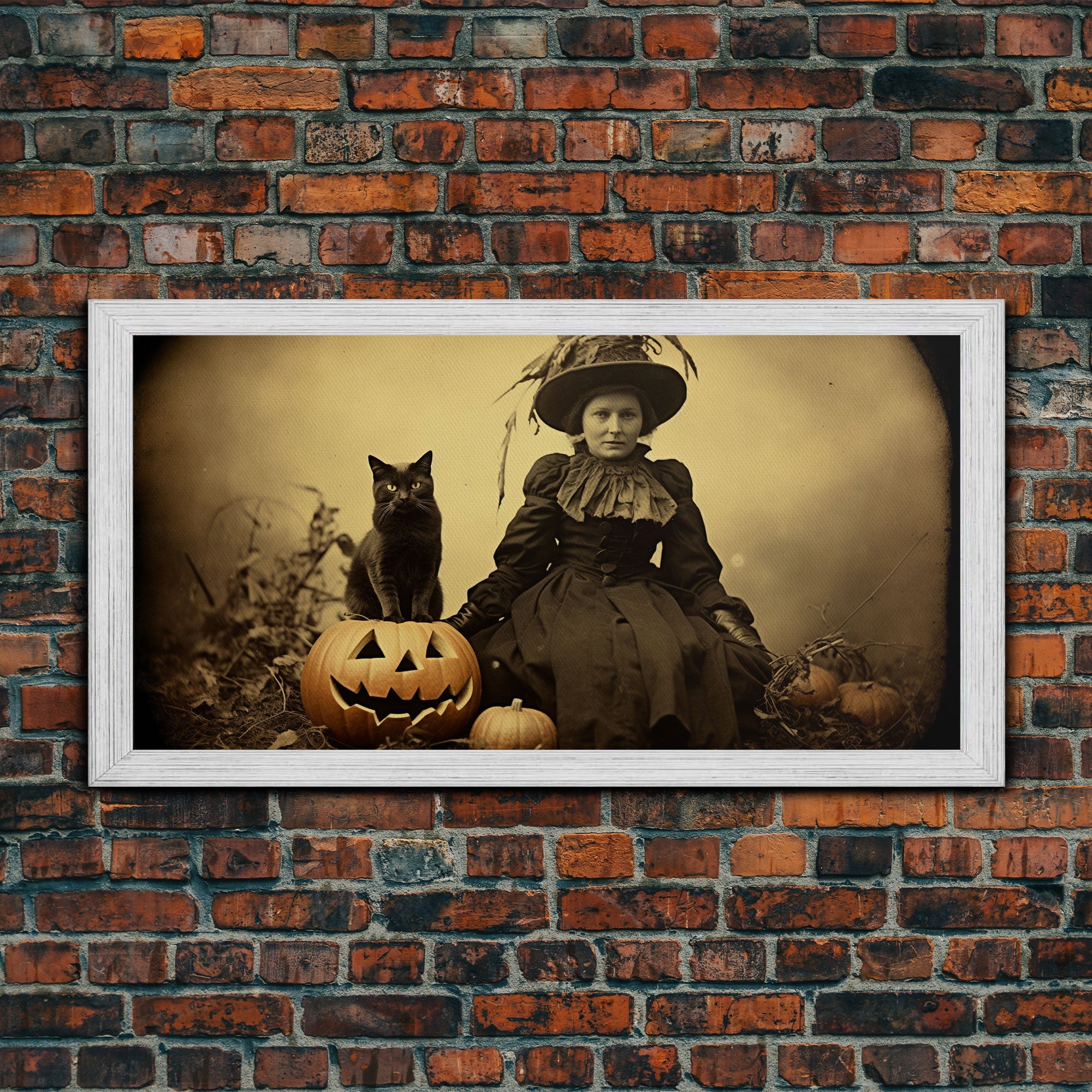 Spooky Halloween Art, Tin Type Photo Of A Witch and Her Black Cat, Witchy Decor, Canvas Print, Witch Girl, Dark Academia, Gothic Victorian