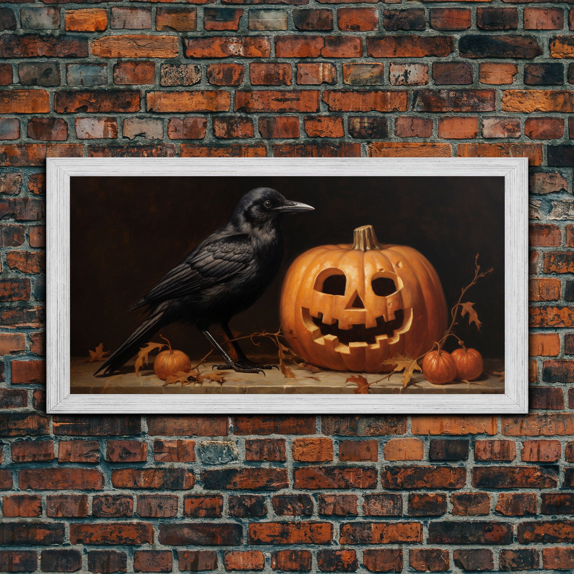 Spooky Crow Print, The Raven and The Jack O Lantern, Halloween Wall Art, Victorian Oil Painting