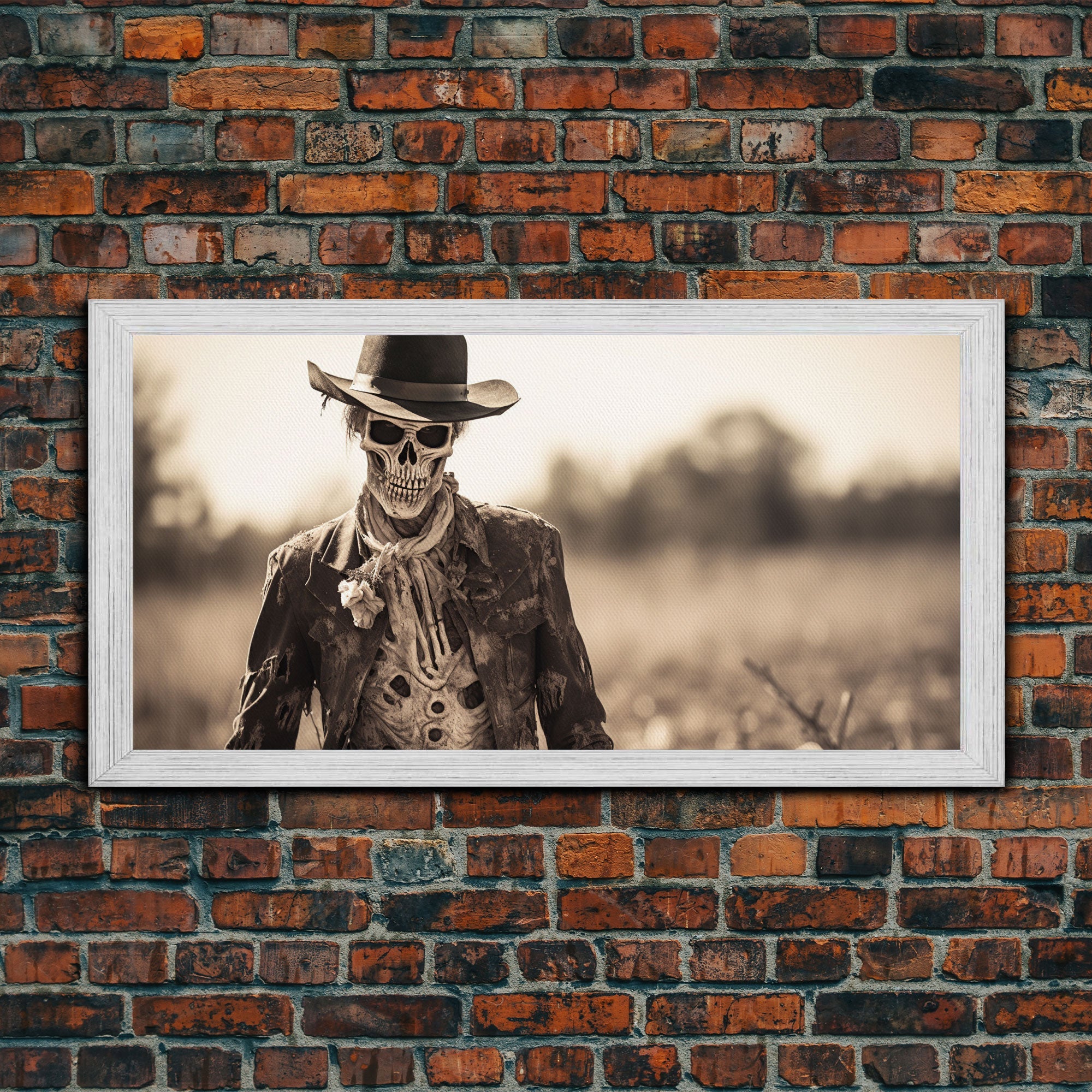 Wild West Zombie Cowboy, Creepy Halloween Decor, Framed Canvas Print, Vintage Tintype Photo Art, Halloween Art Print