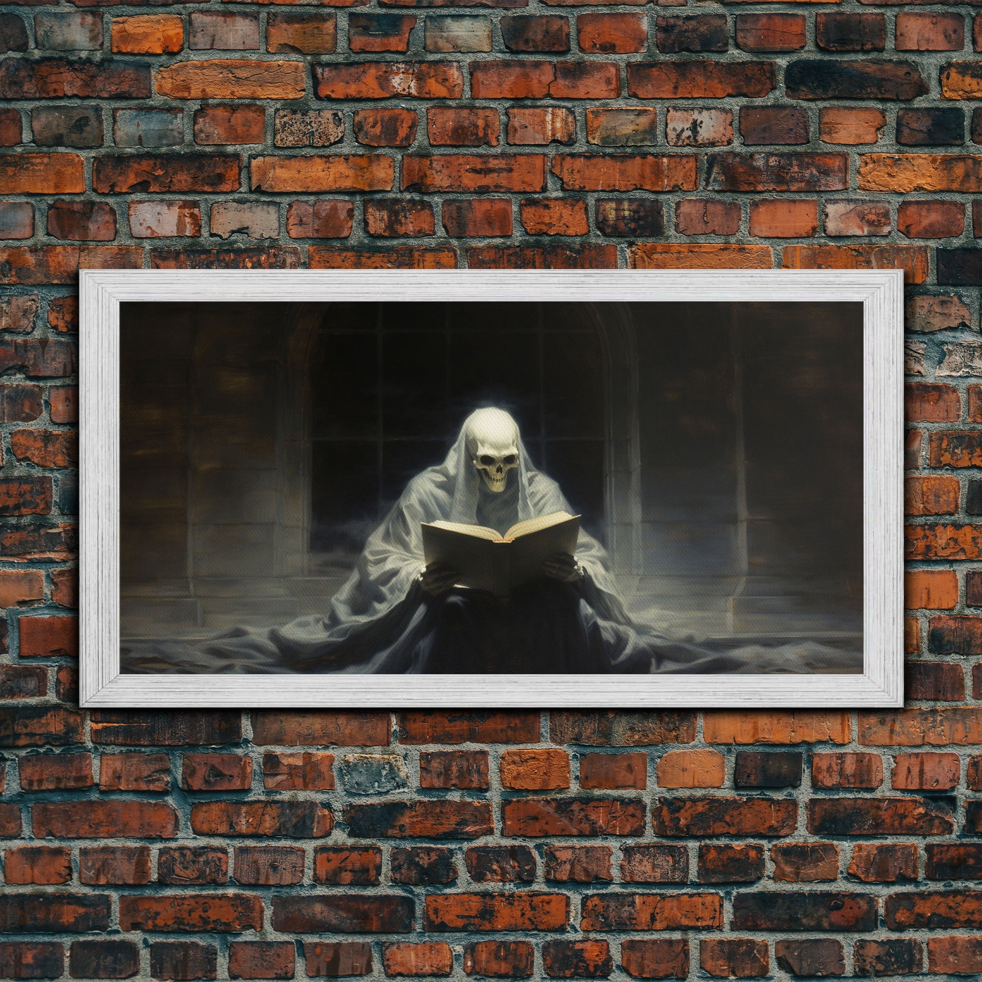 Grim Reaper Reading A Book In A Haunted Library, Framed Canvas Print, Victorian Oil Painting Style, Spooky Halloween Decor, Goth Art