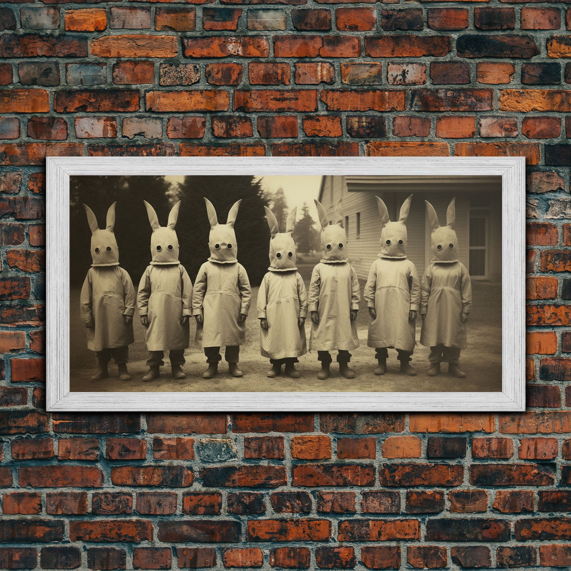 Cult Of The Bunny, Creepy Halloween Trick Or Treaters, Framed Canvas Print, Vintage Tintype Photography Art, Halloween Art Print