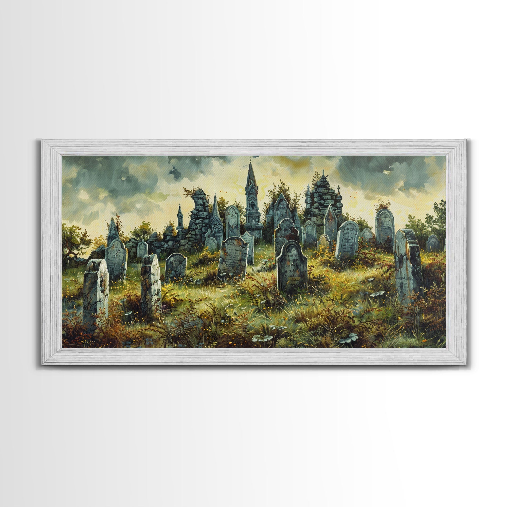 Haunted Cemetery Halloween Prop Framed Canvas Print | Spooky Season | Spooky Wall Art | Halloween Decor | Creepy Art Prints
