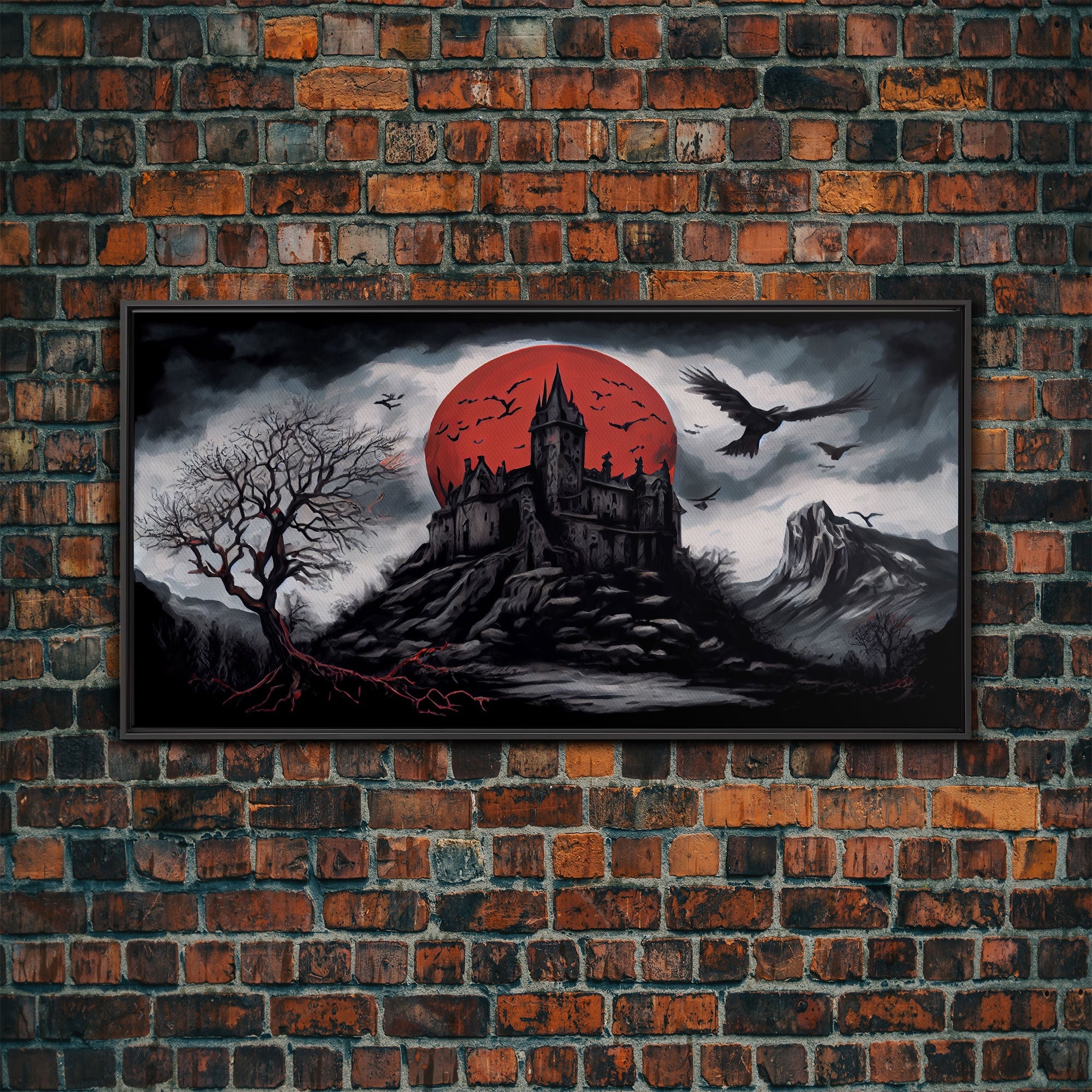 Horror Art, Haunted Castle and Blood Moon, Framed Canvas Print, Goth Art, Gothic Decor, Cool Wall Art