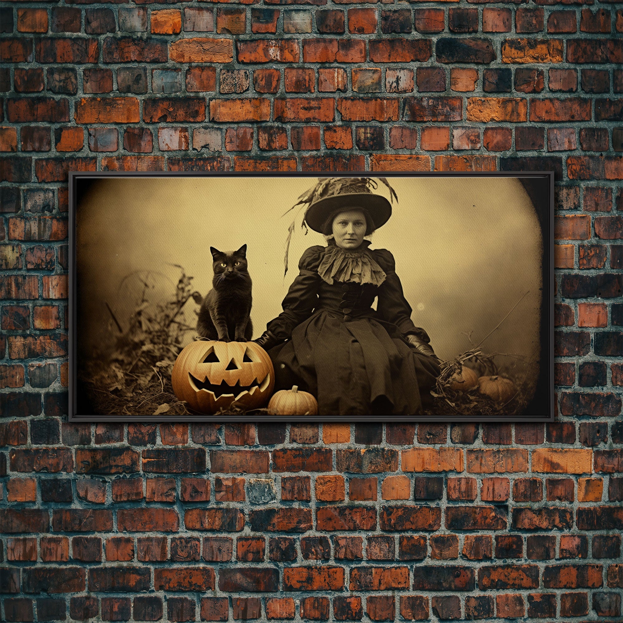 Spooky Halloween Art, Tin Type Photo Of A Witch and Her Black Cat, Witchy Decor, Canvas Print, Witch Girl, Dark Academia, Gothic Victorian