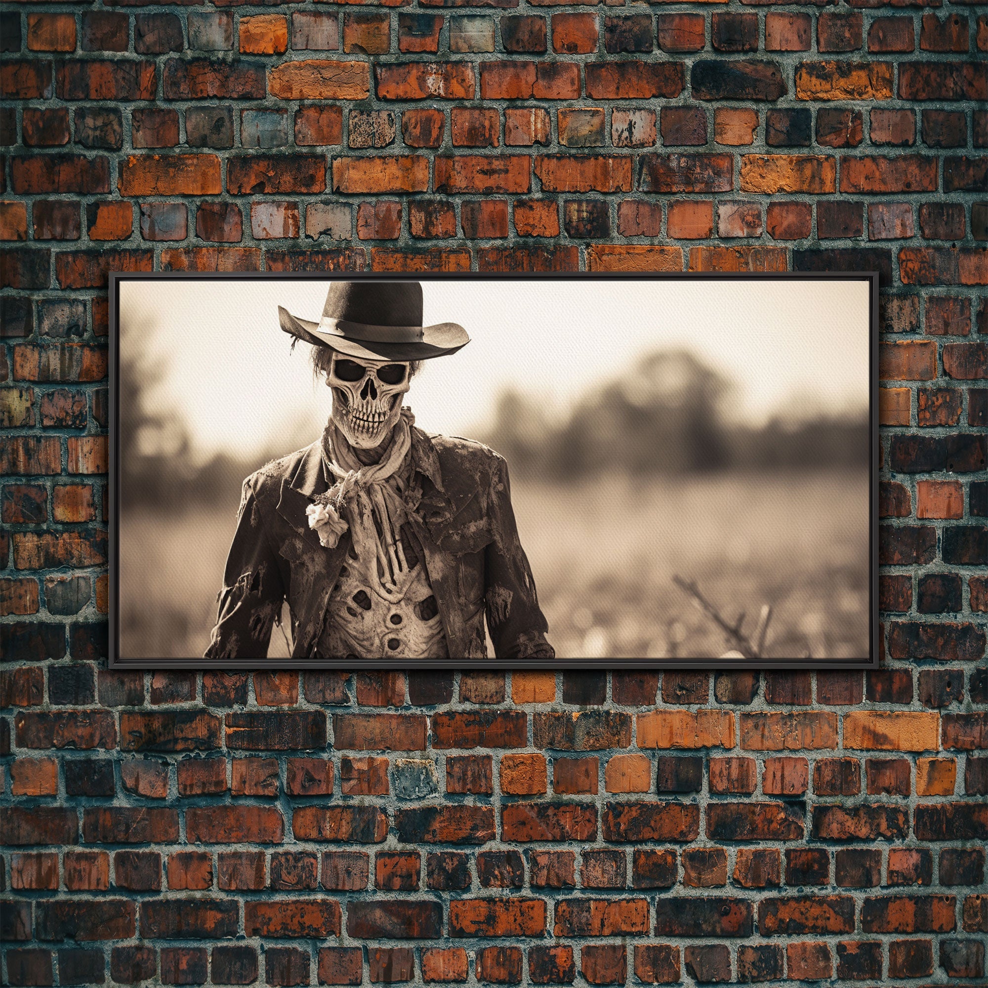 Wild West Zombie Cowboy, Creepy Halloween Decor, Framed Canvas Print, Vintage Tintype Photo Art, Halloween Art Print