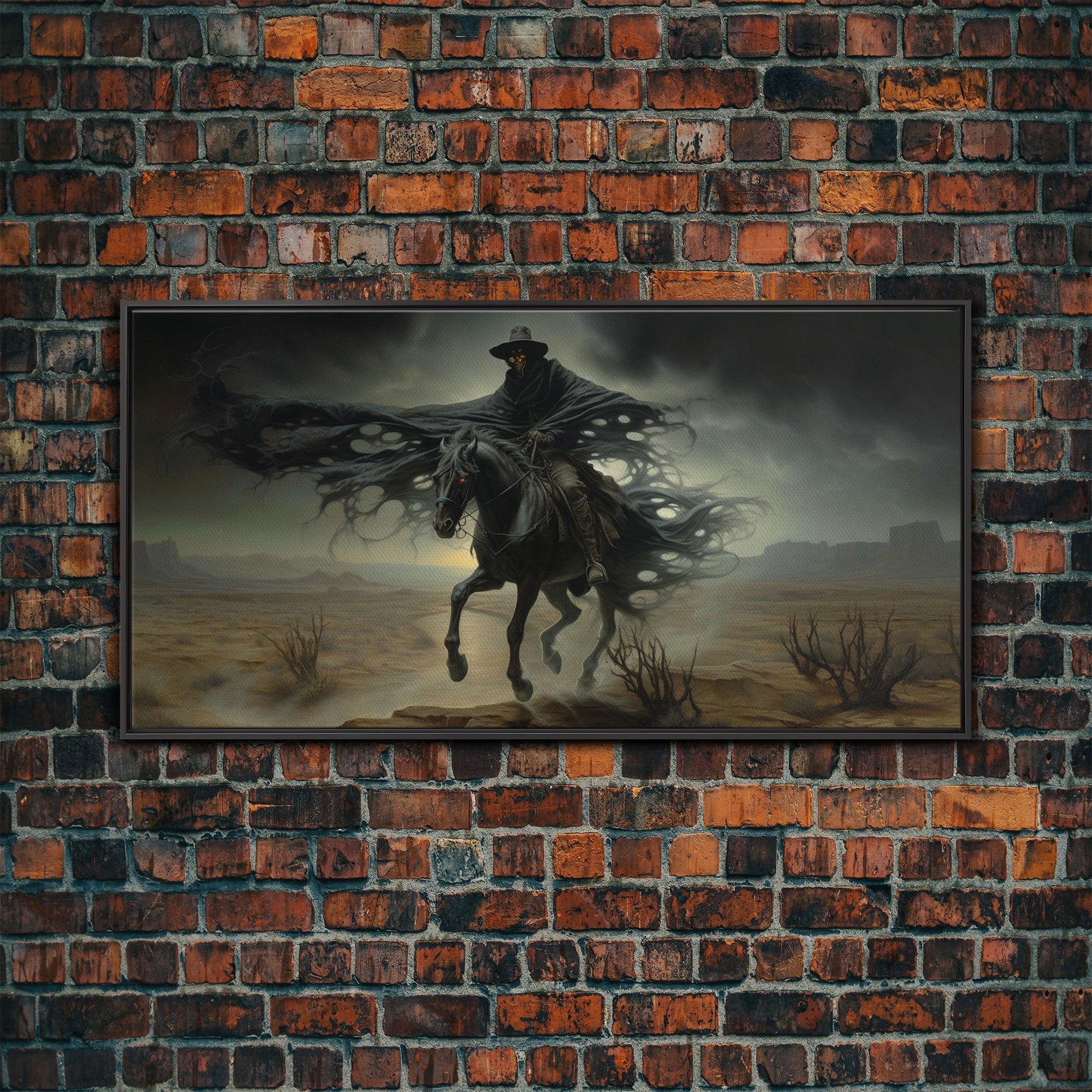 Ghost Cowboy Art, Framed Canvas Print, Halloween art, spooky decor, cowboy art, western decor, grim reaper on a horse in the desert