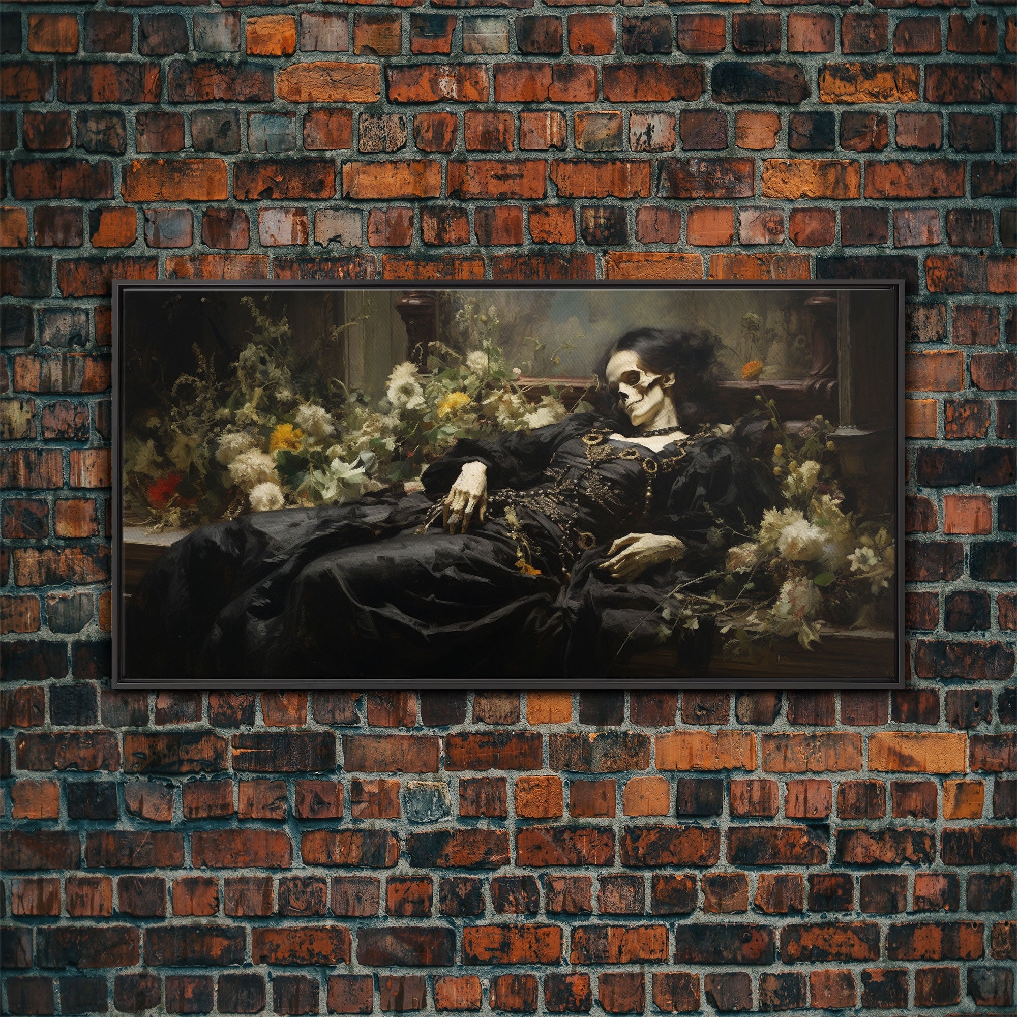 I'll Just Take A Quick Nap, Framed Canvas Print, Creepy Victorian Oil Painting, Halloween Art Prints, Skeleton Painting